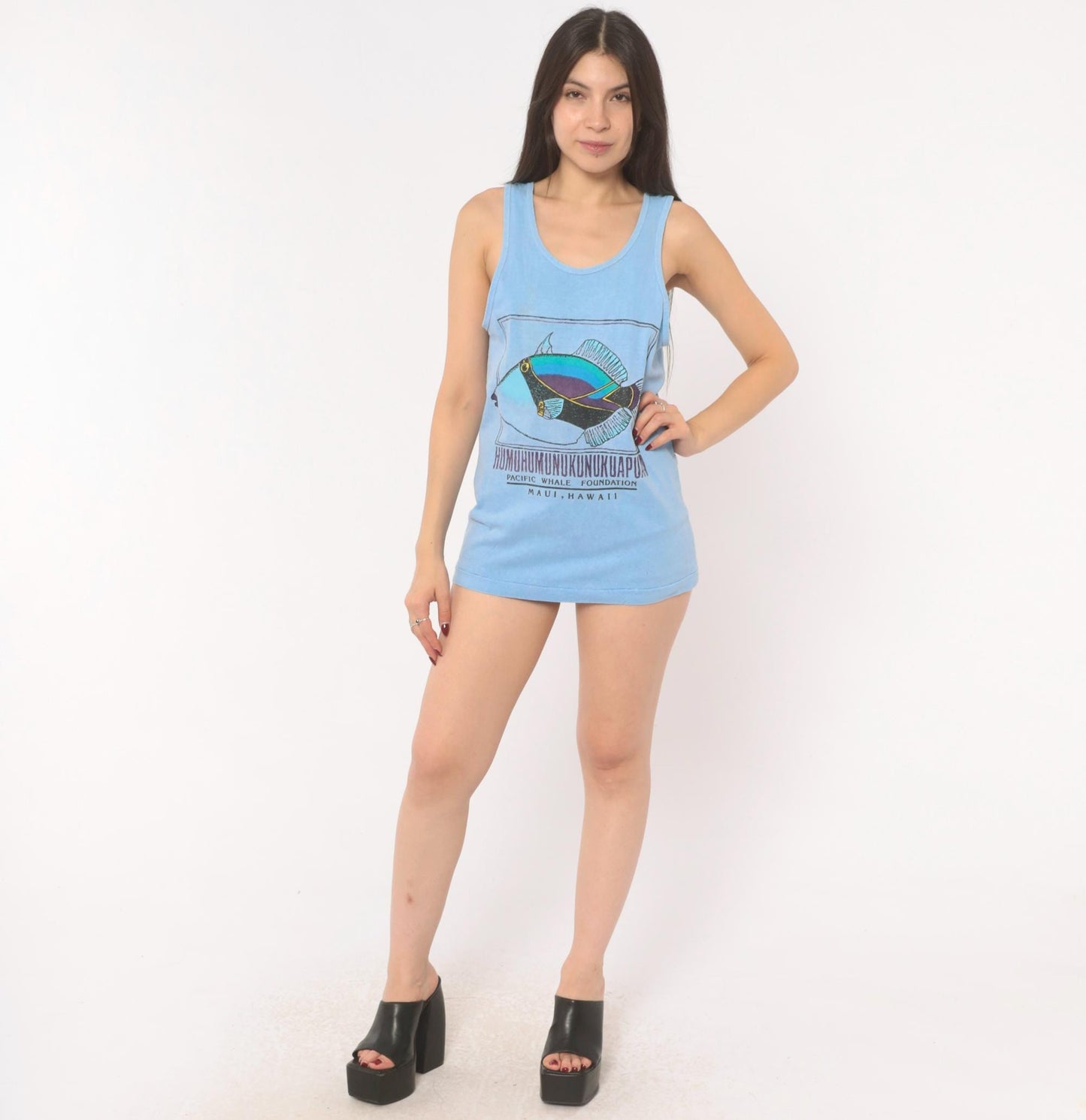 90s Fruit of the Loom Humuhumunukunukuapua'a Tank Top Light Blue Small