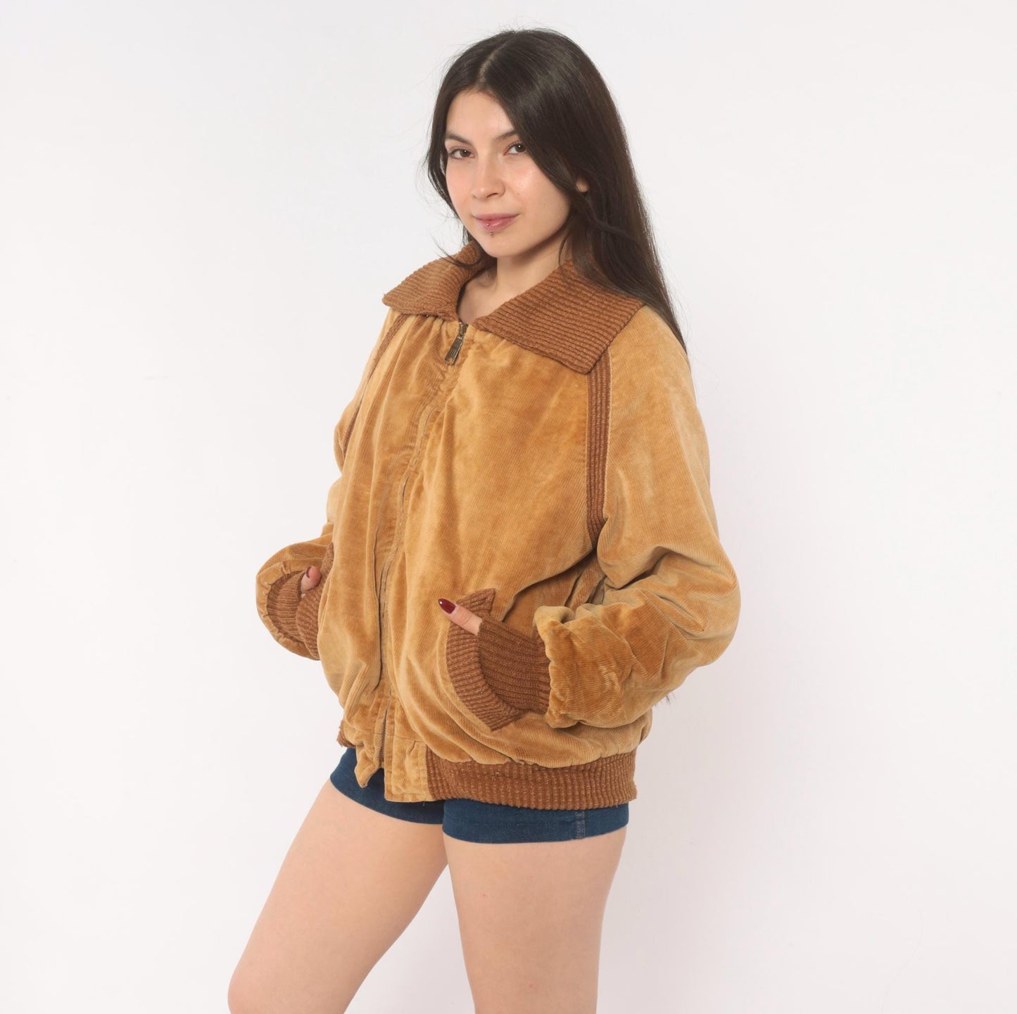 70s Corduroy Bomber Jacket Tan Raglan Knit Collar Zip Front Medium