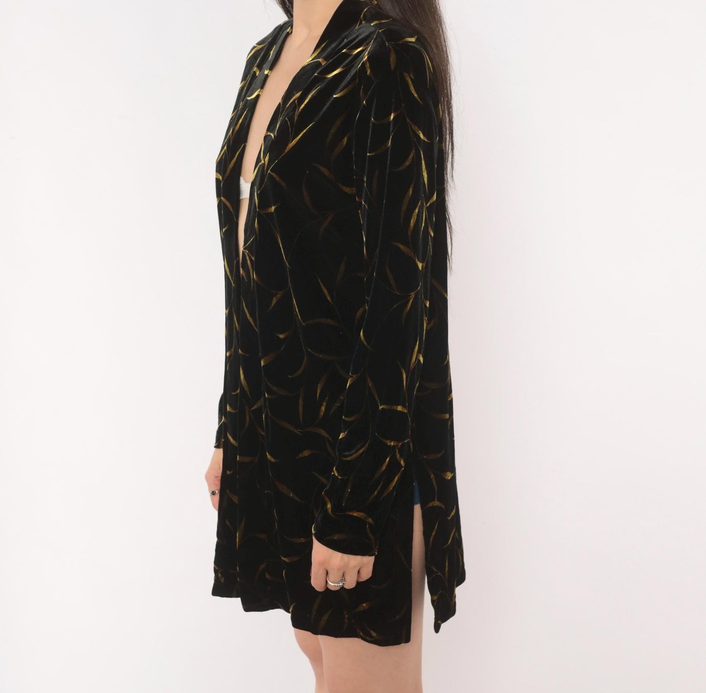 90s Ronni Nicole Black Velvet Duster Gold Leaf Botanical Print Shawl Collar Small Medium