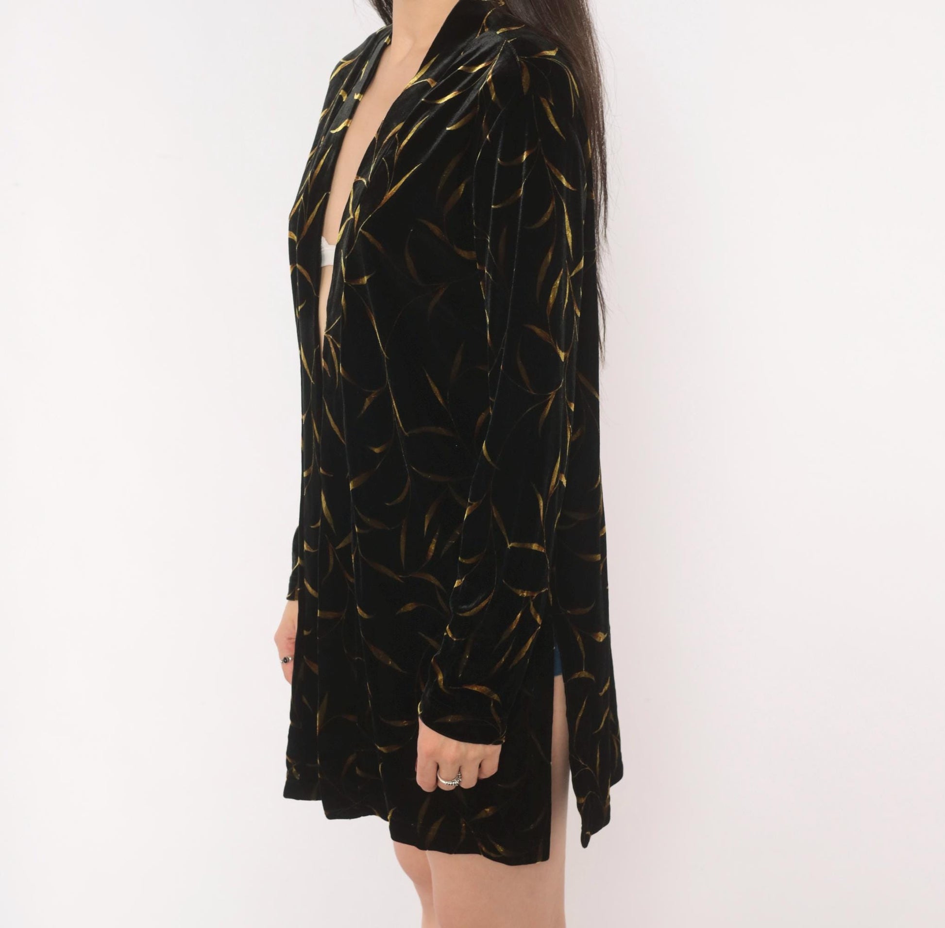 90s Ronni Nicole Black Velvet Duster Gold Leaf Botanical Print Shawl Collar Small Medium