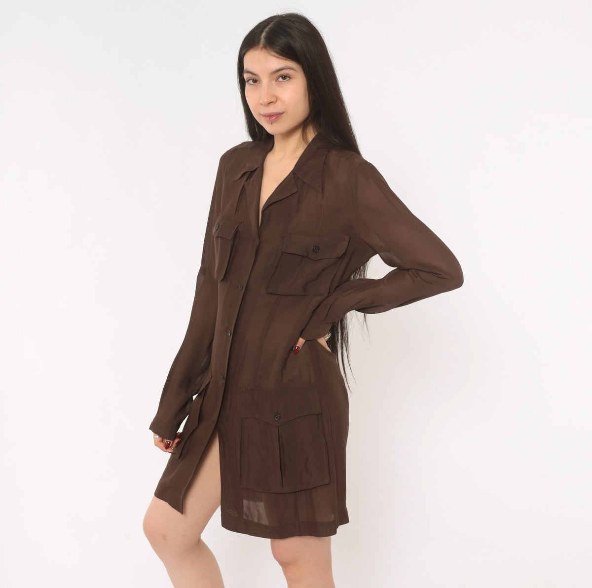 90s Dries Van Noten Silk Shirt Dress Brown Sheer Safari Utility Pocket Small