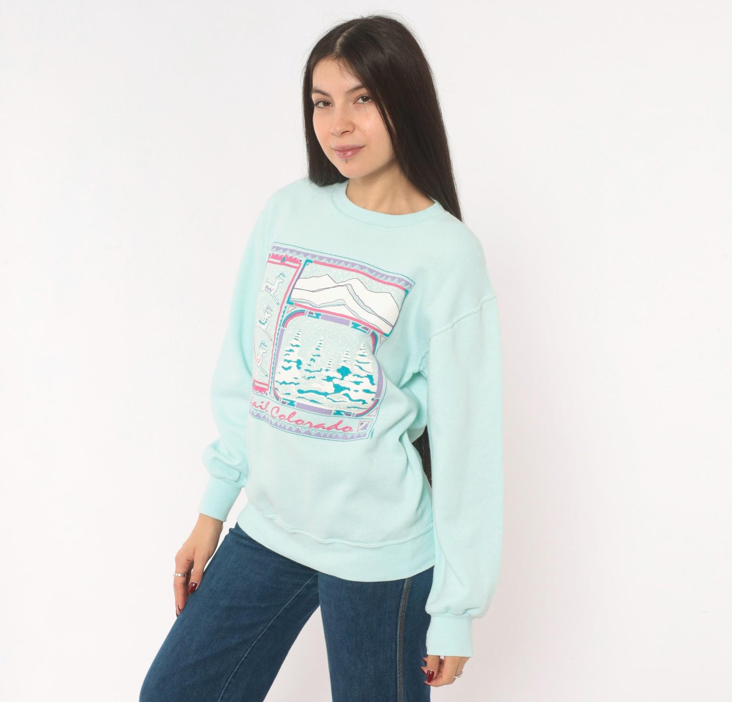 90s Jerzees Vail Colorado Ski Resort Sweatshirt Mint Green Mountain Graphic Medium