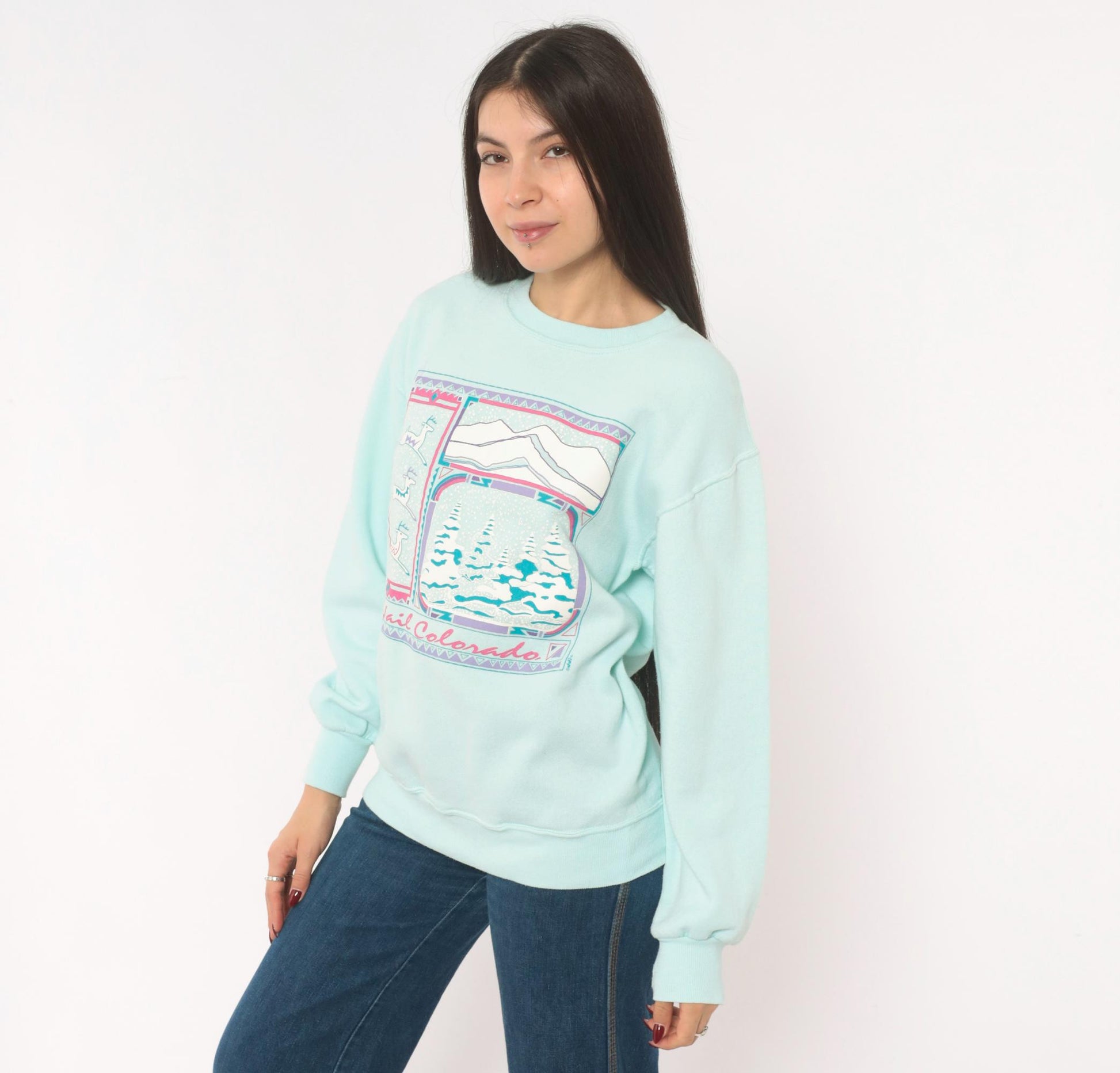 90s Jerzees Vail Colorado Ski Resort Sweatshirt Mint Green Mountain Graphic Medium