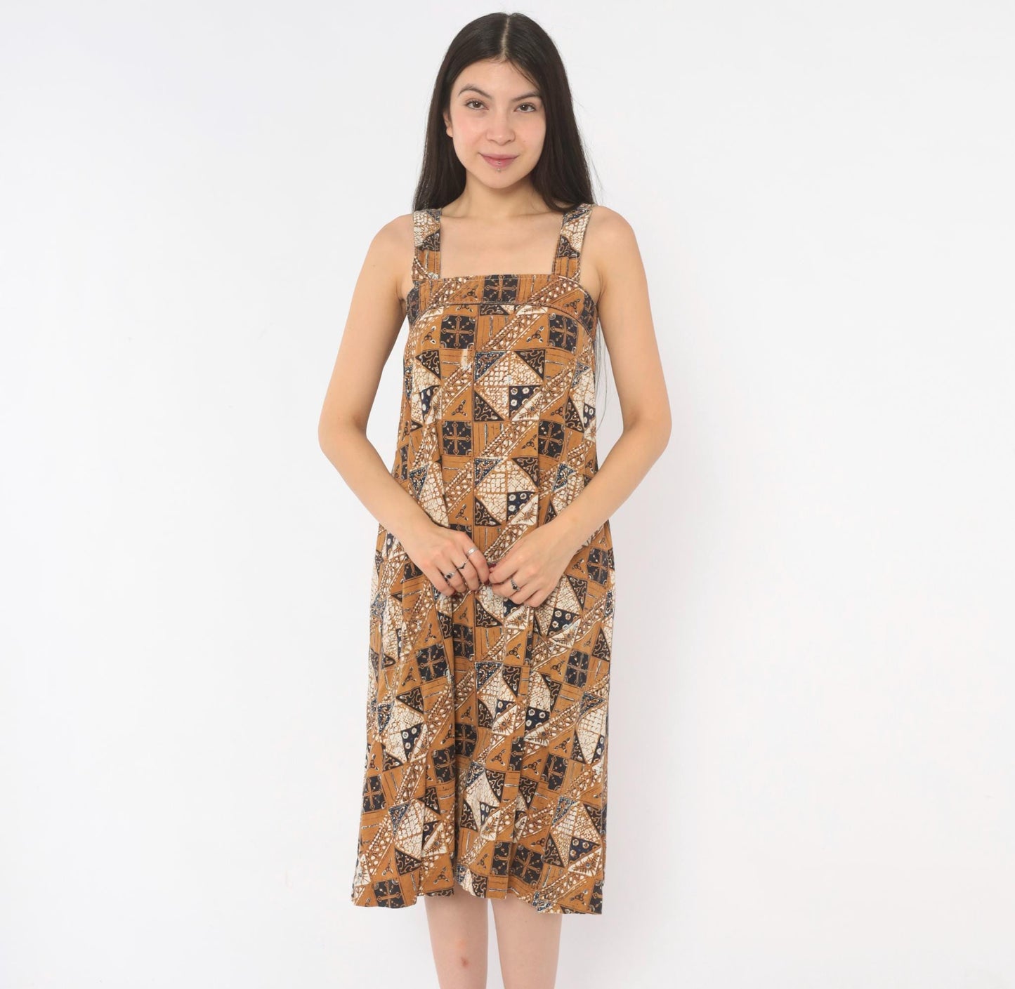 80s Batik Sundress Tan Navy Cotton Square Neck A-Line Knee Length Extra Small