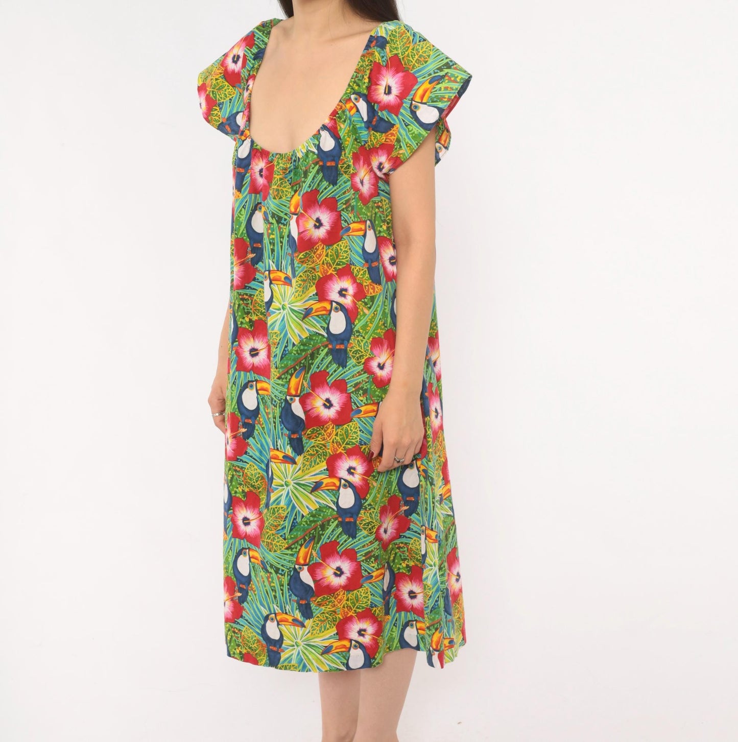 80s Seawind Toucan Hibiscus Midi Dress Flutter Sleeve Cotton Tropical Extra Large