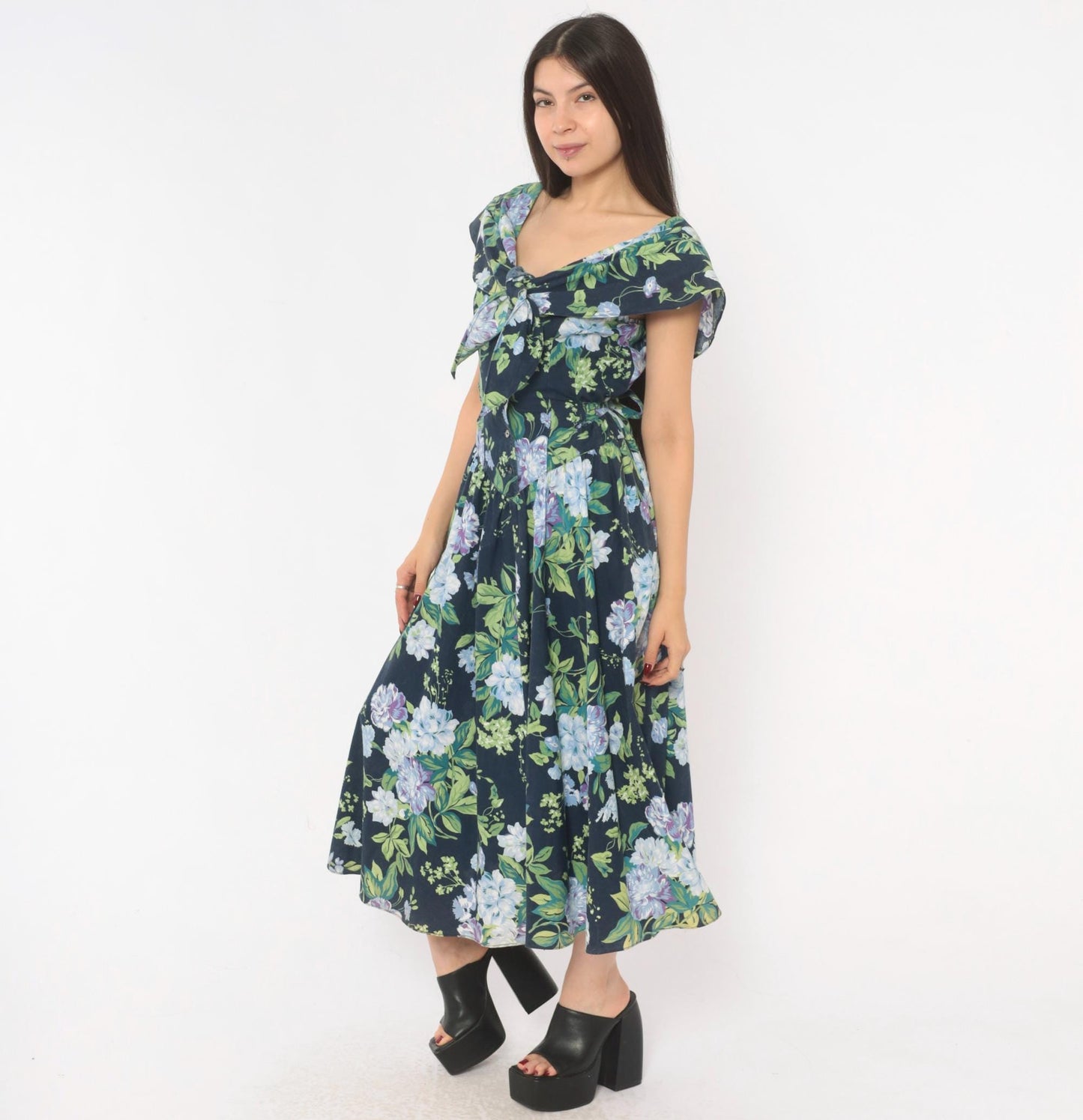 80s Jessica Howard Navy Floral Cotton Dress Sailor Collar Button Front Medium