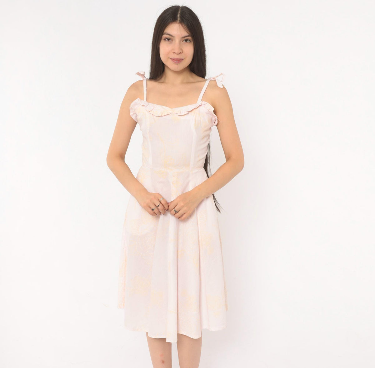 80s Blush Pink Floral Sundress Sweetheart Neckline Ruffle Tie Straps Extra Small XS