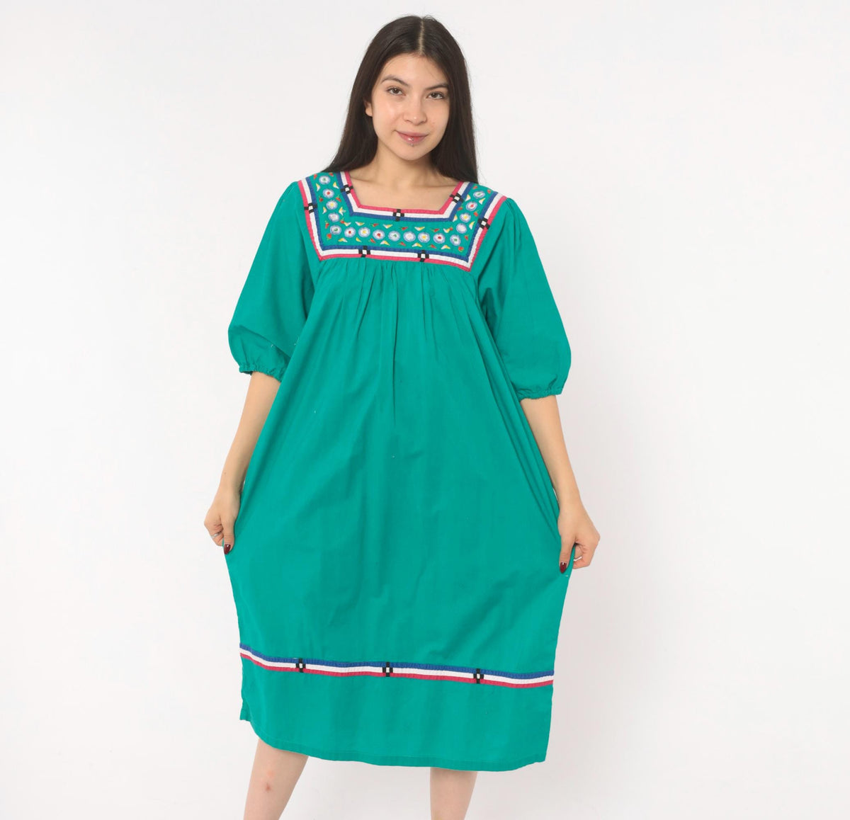 80s Naqui Teal Cotton Dress Embroidered Floral Yoke Puff Sleeve Small S