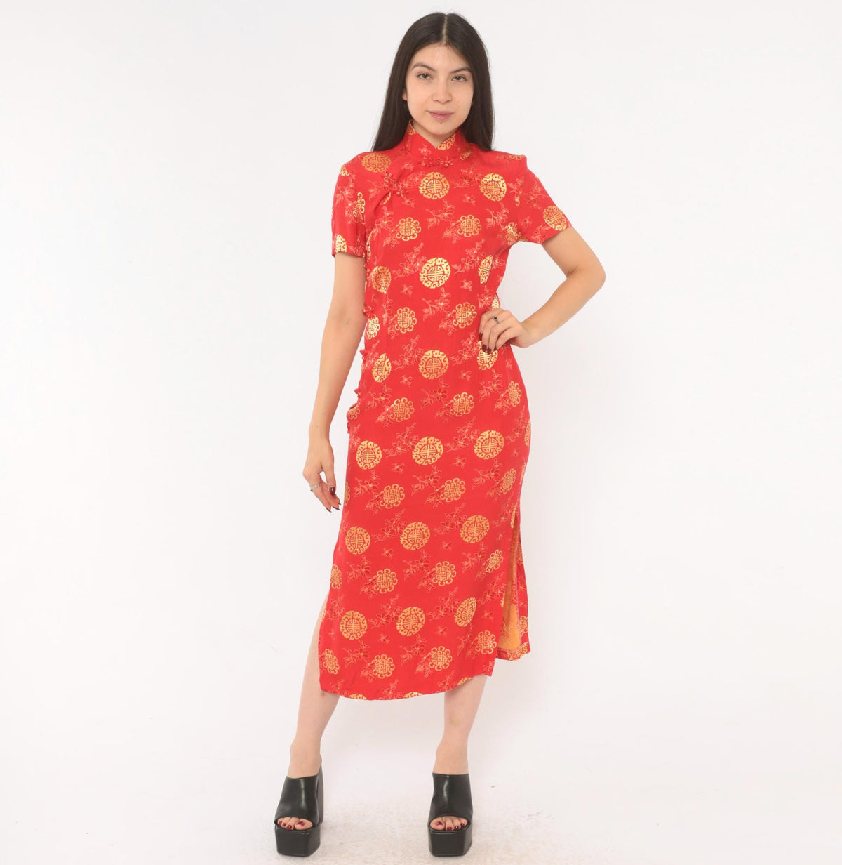 80s Red Gold Cheongsam Midi Dress Mandarin Collar Frog Button Small