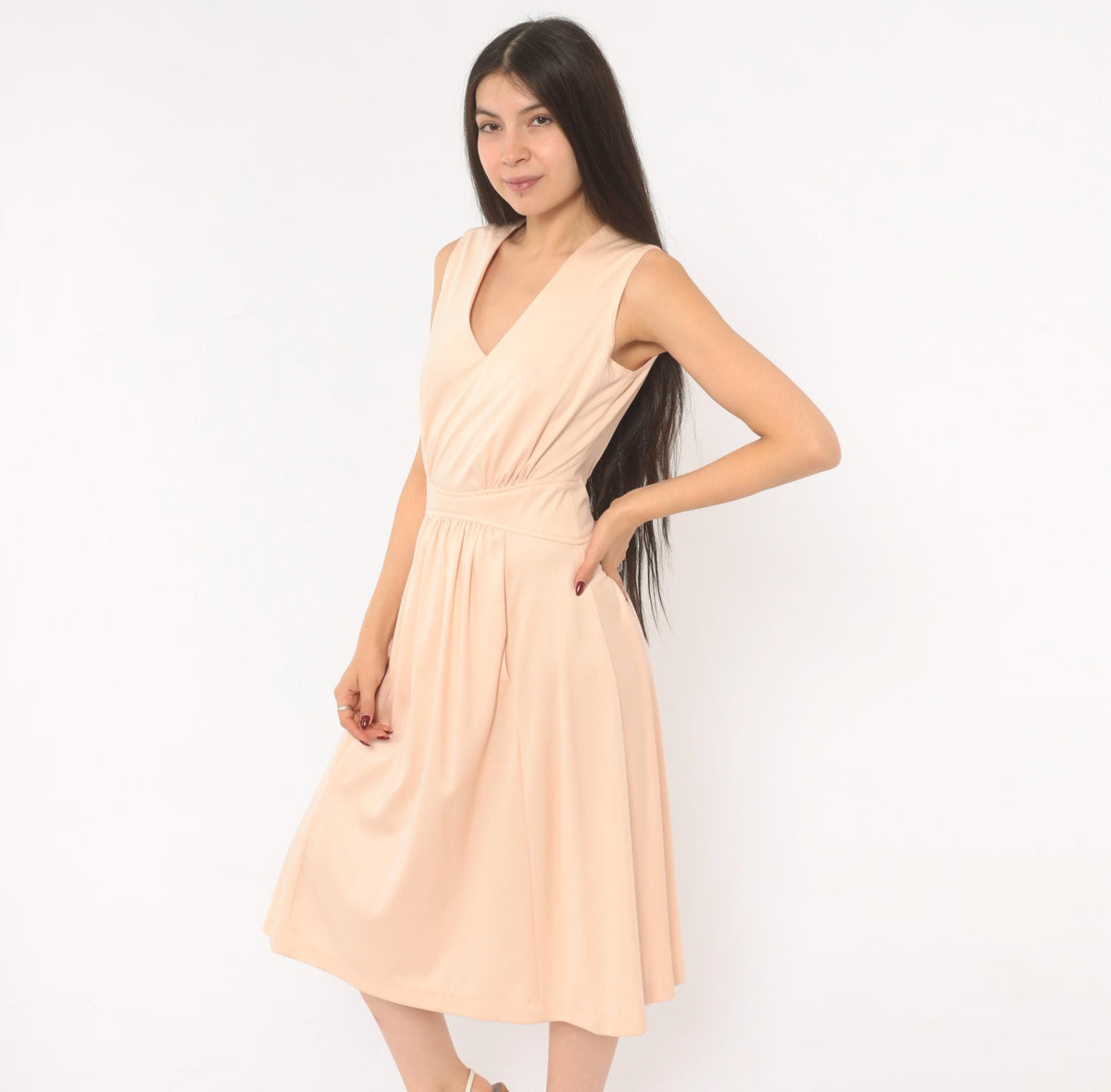 70s Plaza South Peach V-Neck Sundress Pleated Flare Midi Small