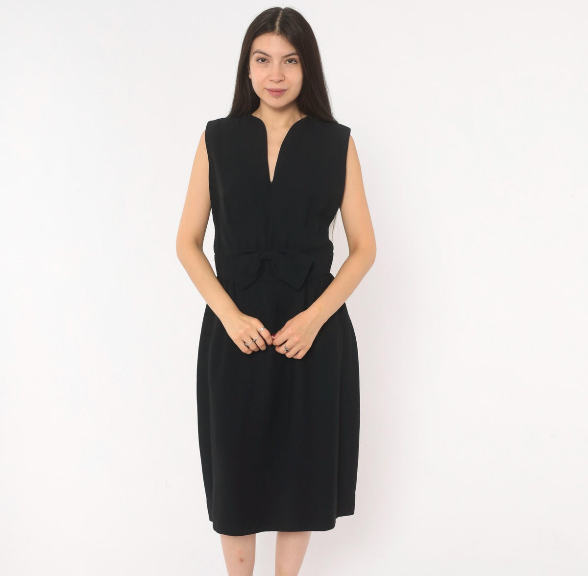 60s Black Mod Sleeveless Dress Bow Waist Knee Length A-Line Large L