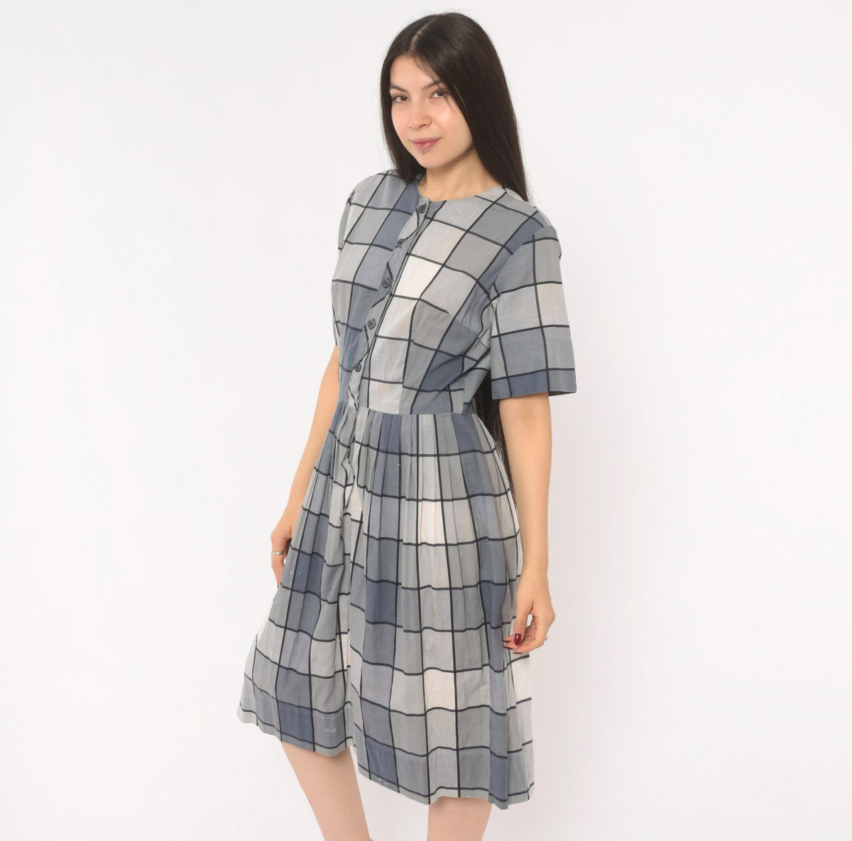 80s Windowpane Plaid Cotton Midi Dress Grey Blue Button Front Medium