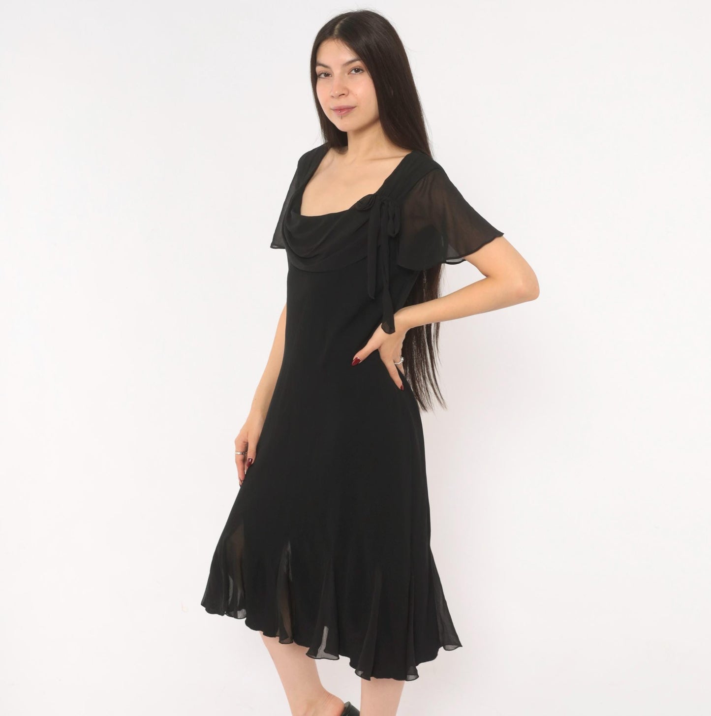 90s SL Fashions Black Chiffon Midi Dress Cowl Neck Flutter Sleeve Large