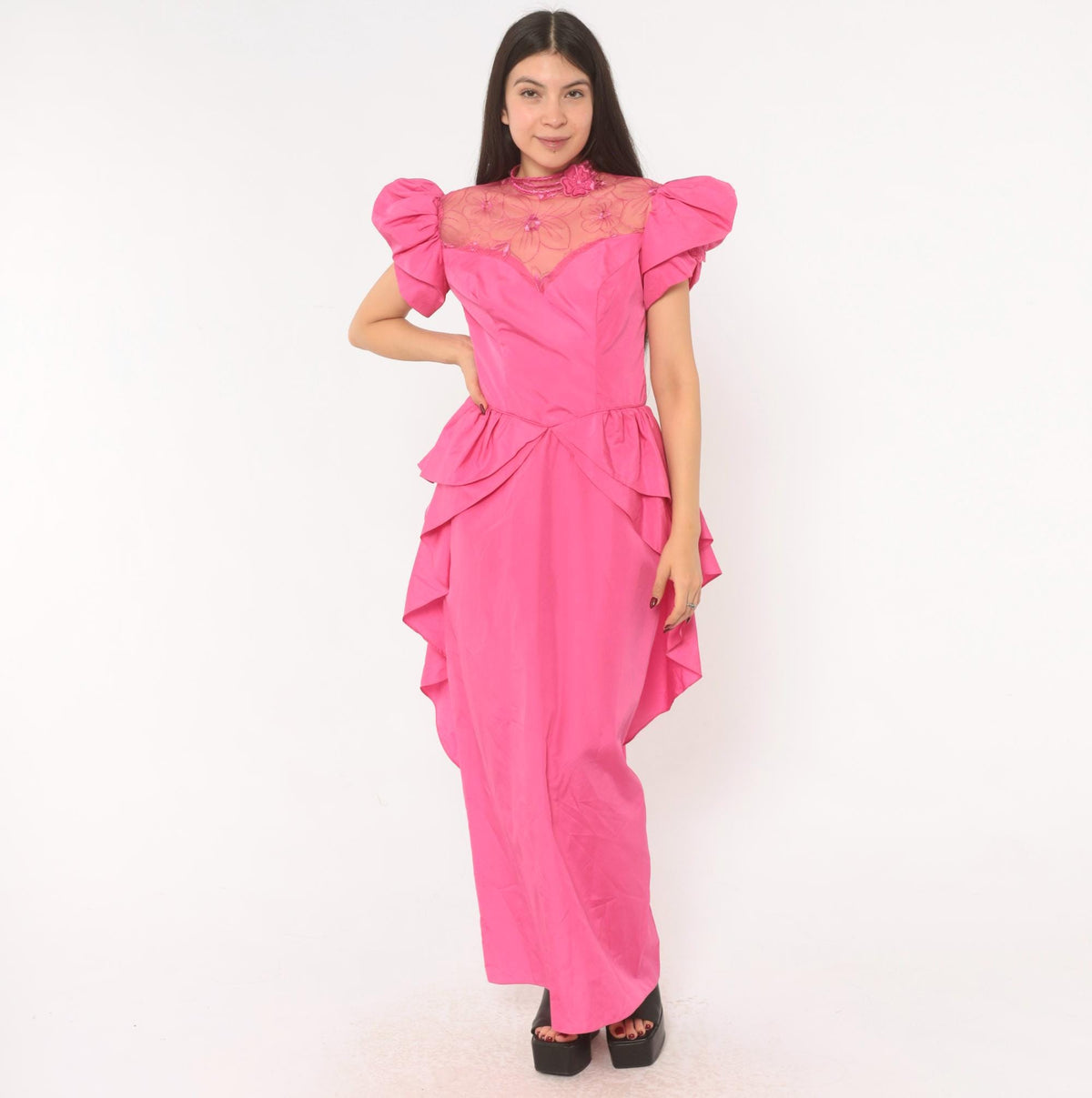 80s Eve Of Milady Hot Pink Maxi Gown Puff Sleeve Peplum Lace Bodice Small