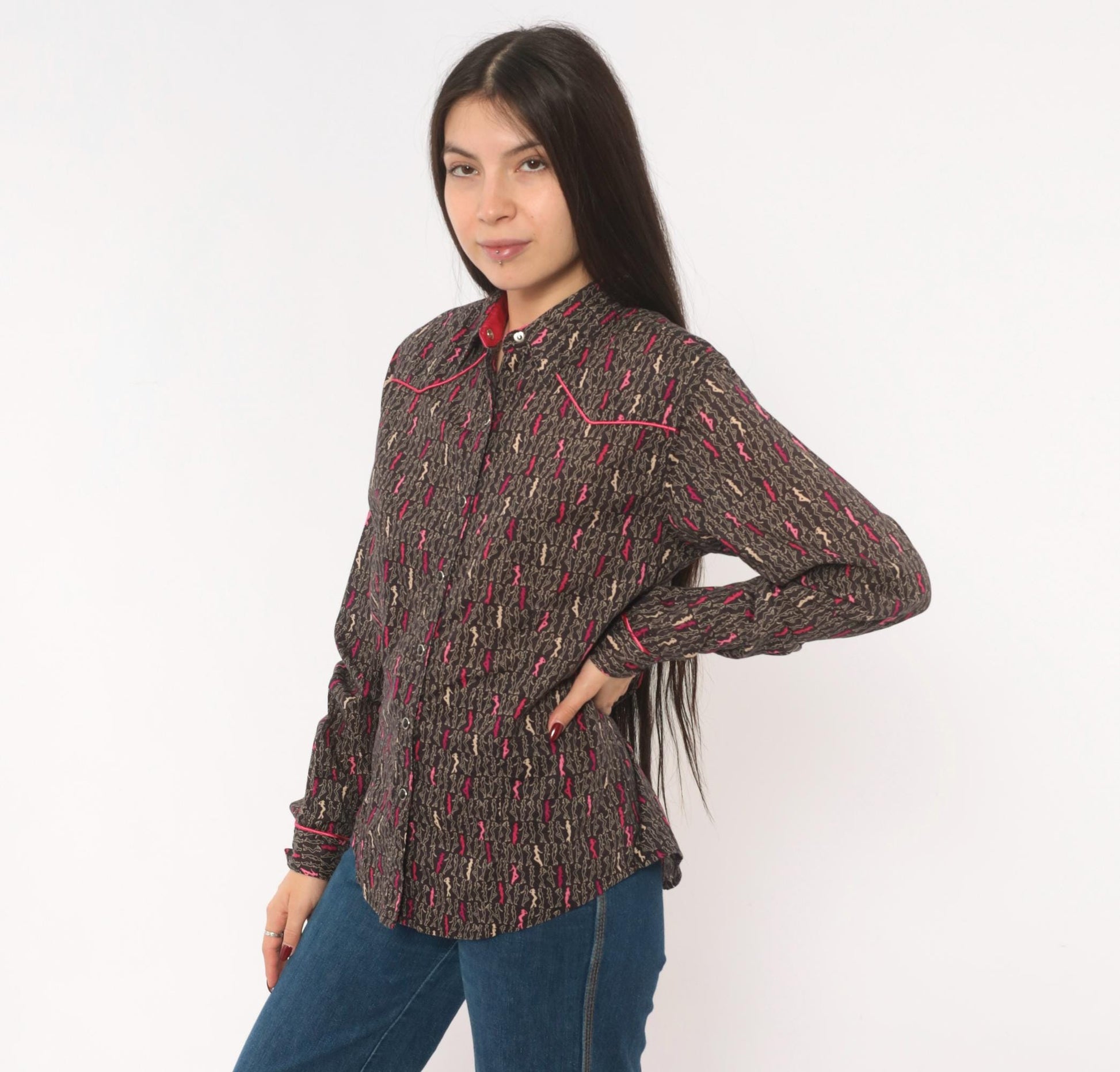 Y2K Ultra Twenty X Western Snap Shirt Cowgirl Print Grey Pink Cotton Medium M