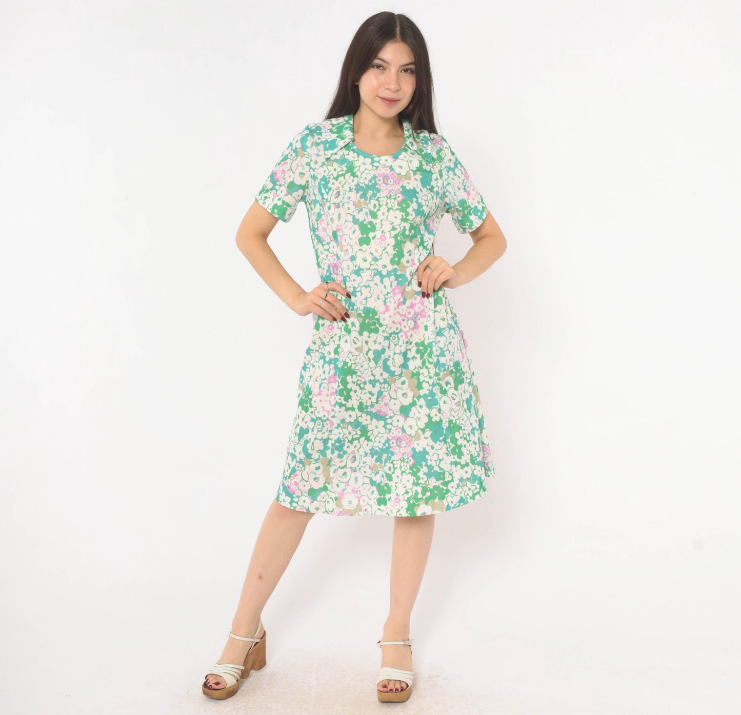 70s Psychedelic Floral A-Line Dress Green Pink White Scoop Collar Knee Medium