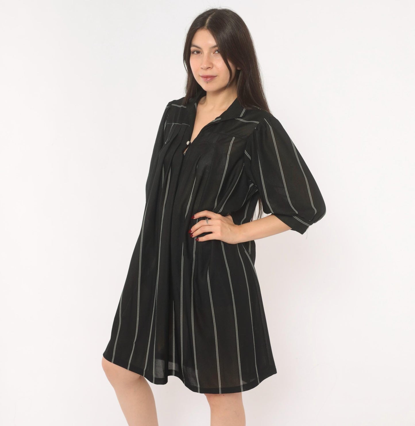 70s Black Pinstripe Shirt Dress Knee-Length Collared Button Front Medium