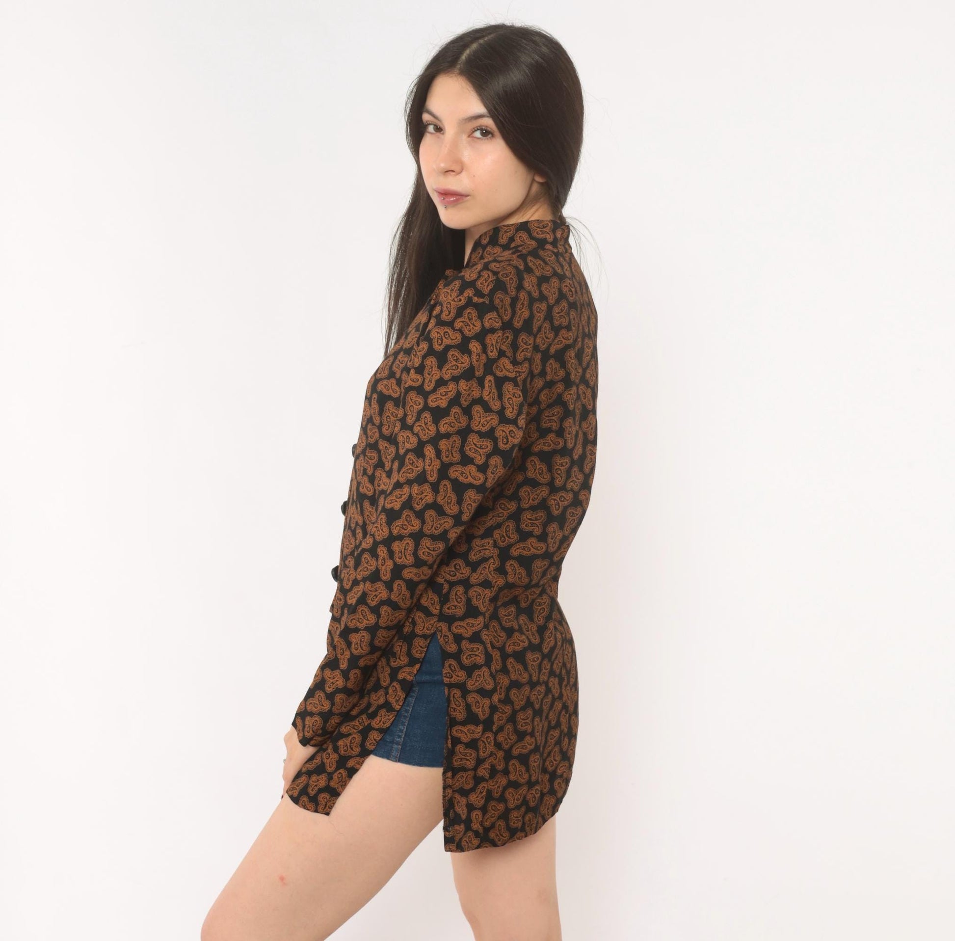 90s Christine David Paisley Mandarin Collar Tunic Black Copper Small S