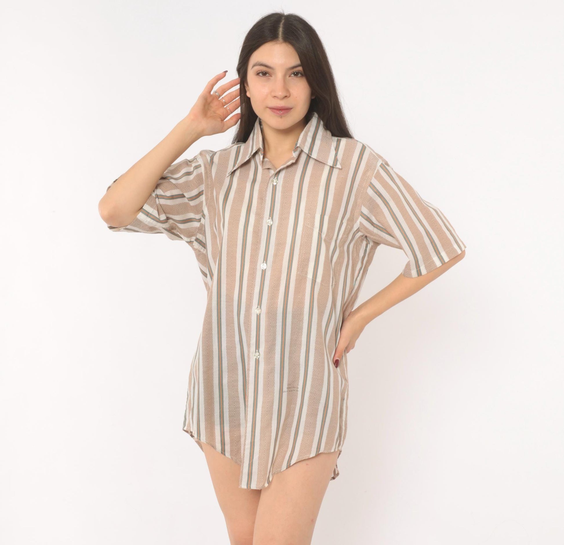 70s Donross Striped Button Up Shirt Cream Tan Teal Orange Camp Collar Medium