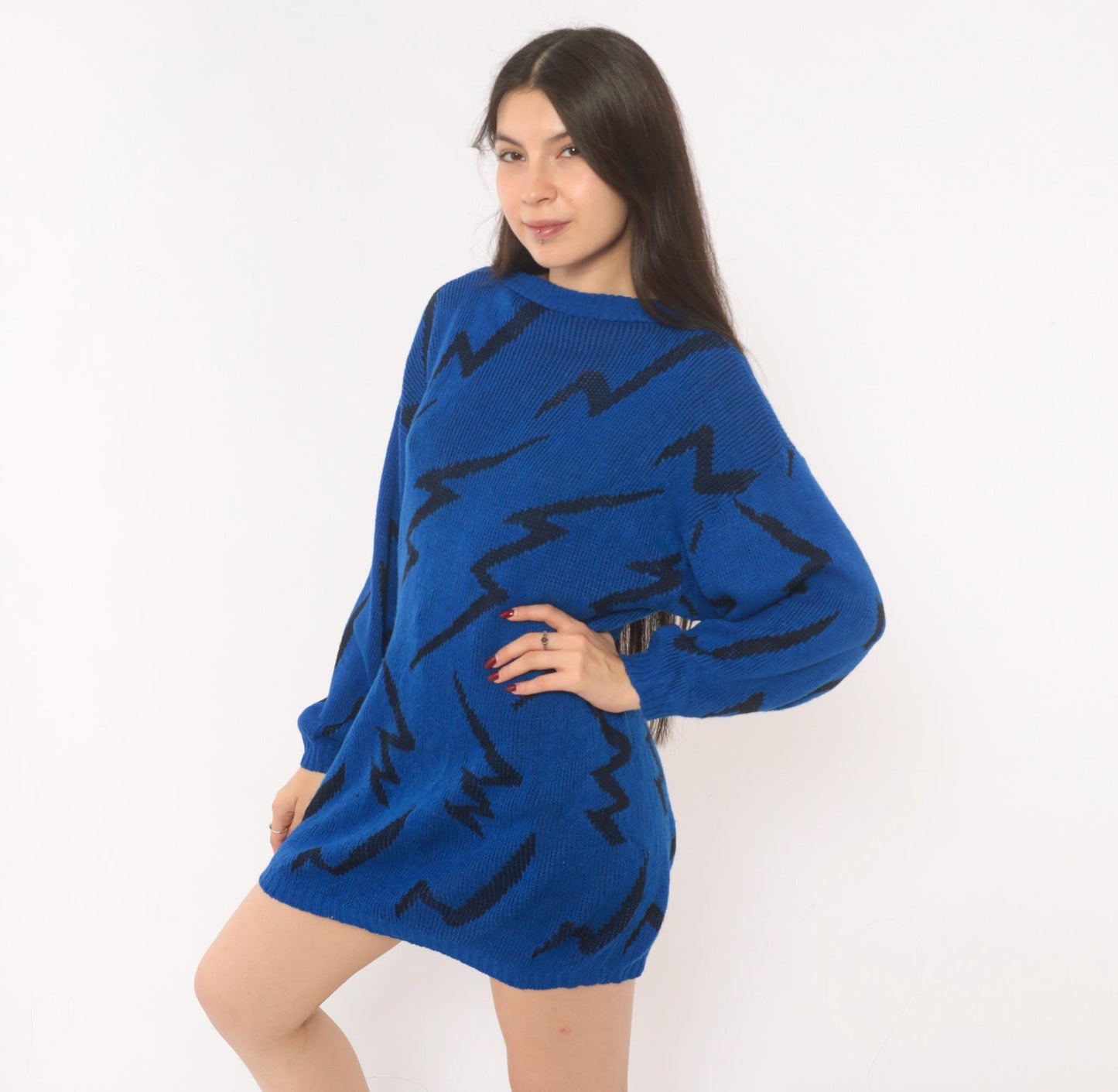 80s Cobalt Blue Lightning Bolt Knit Pullover Black Zigzag Crewneck Medium