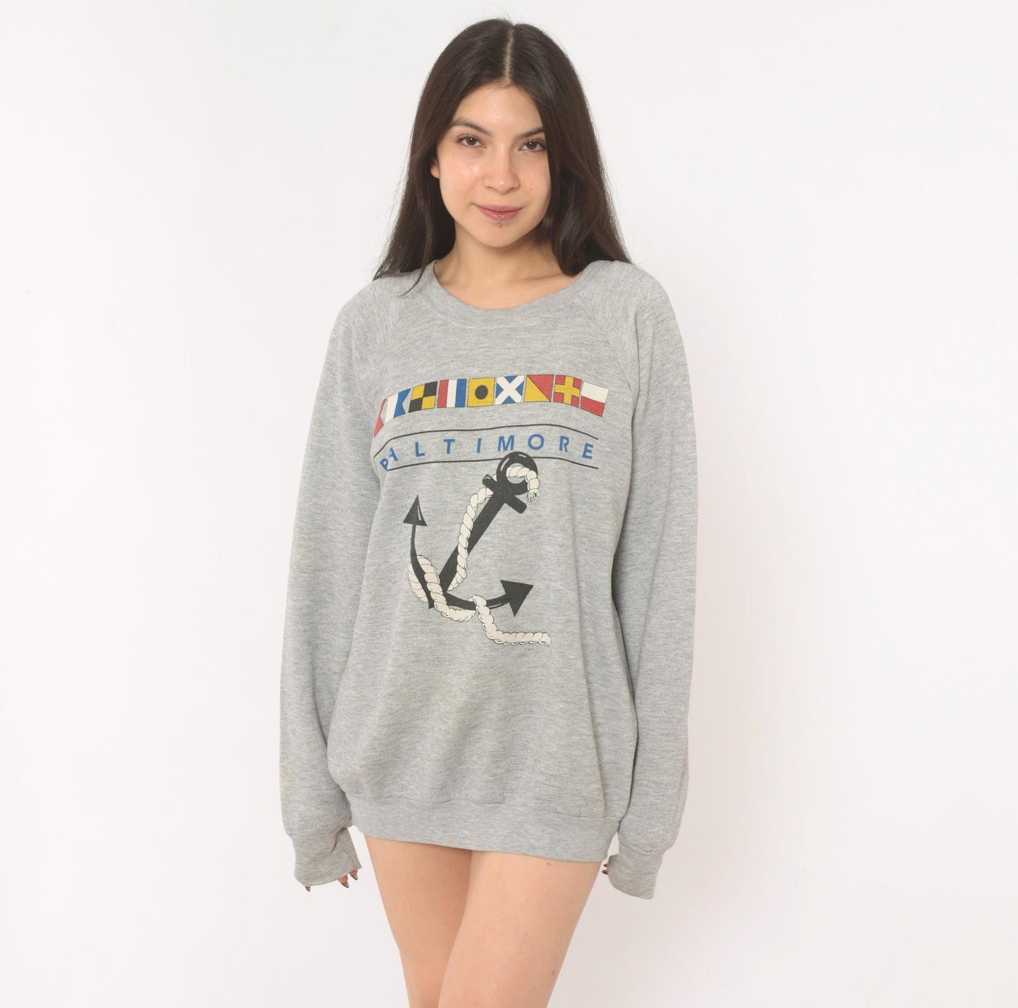 90s Fruit Of The Loom Baltimore Nautical Anchor Sweatshirt Grey Heather Extra Large