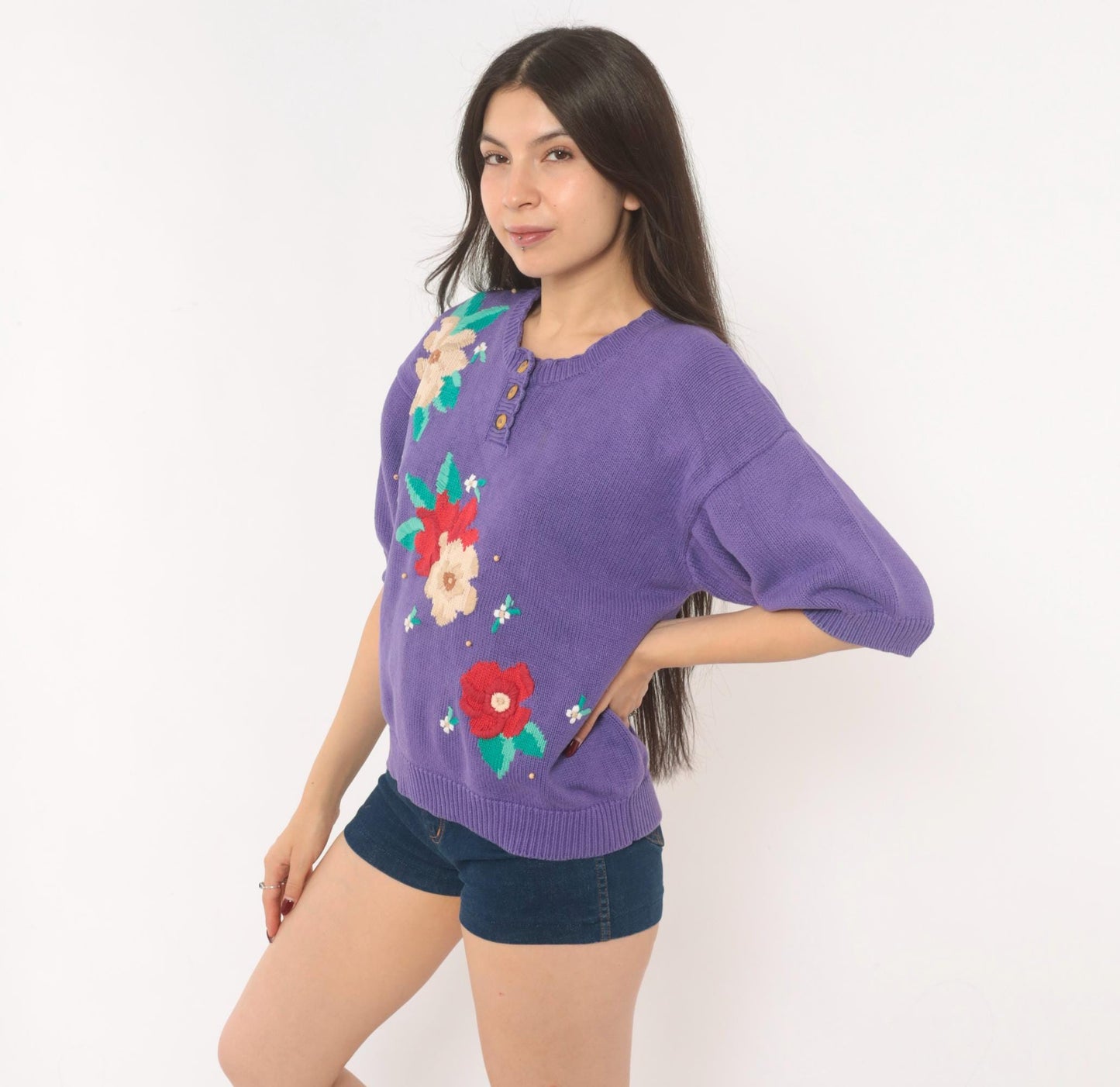 80s Koret Francisca Purple Floral Embroidered Henley Sweater Cotton Medium M