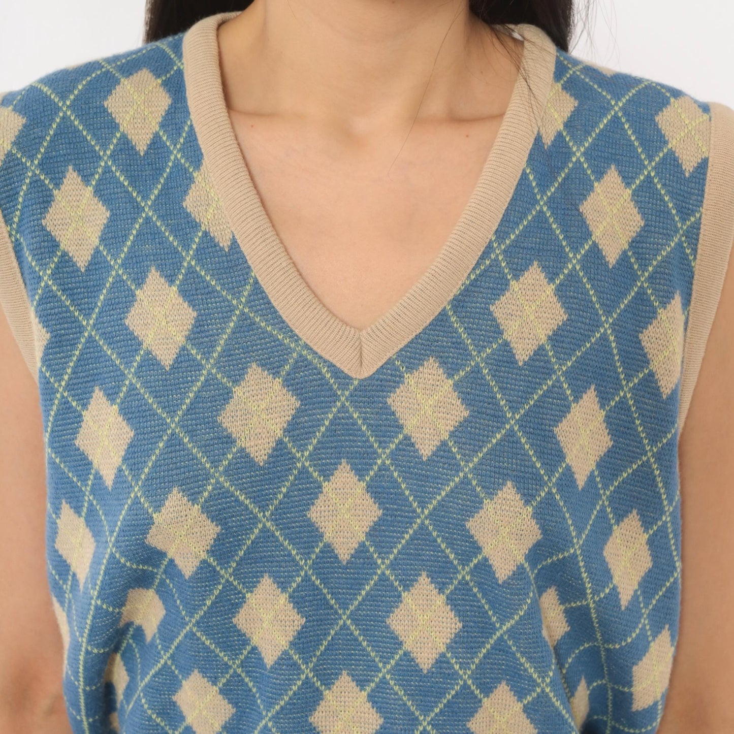 70s Pinnacle Argyle Knit Vest Blue Tan Diamond V-Neck Medium