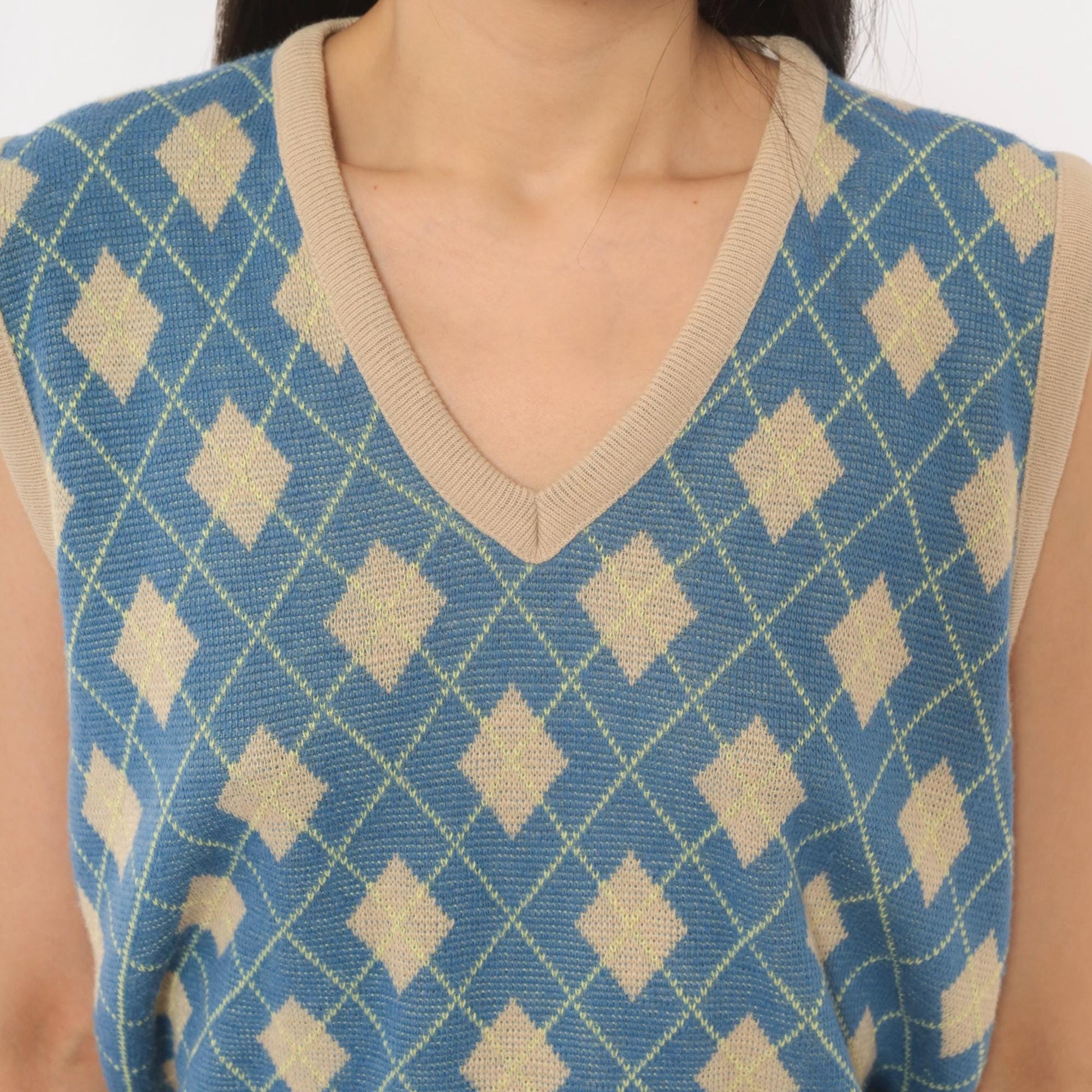 70s Pinnacle Argyle Knit Vest Blue Tan Diamond V-Neck Medium