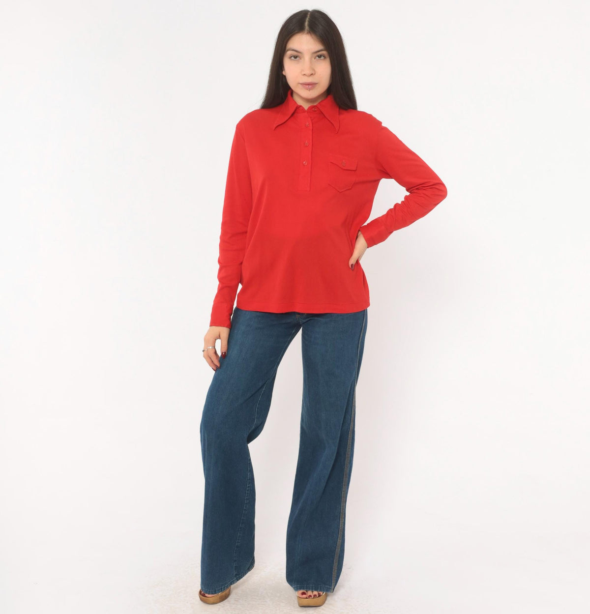 70s K Mart Red Polo Shirt Pointed Collar Long Sleeve Chest Pocket Medium