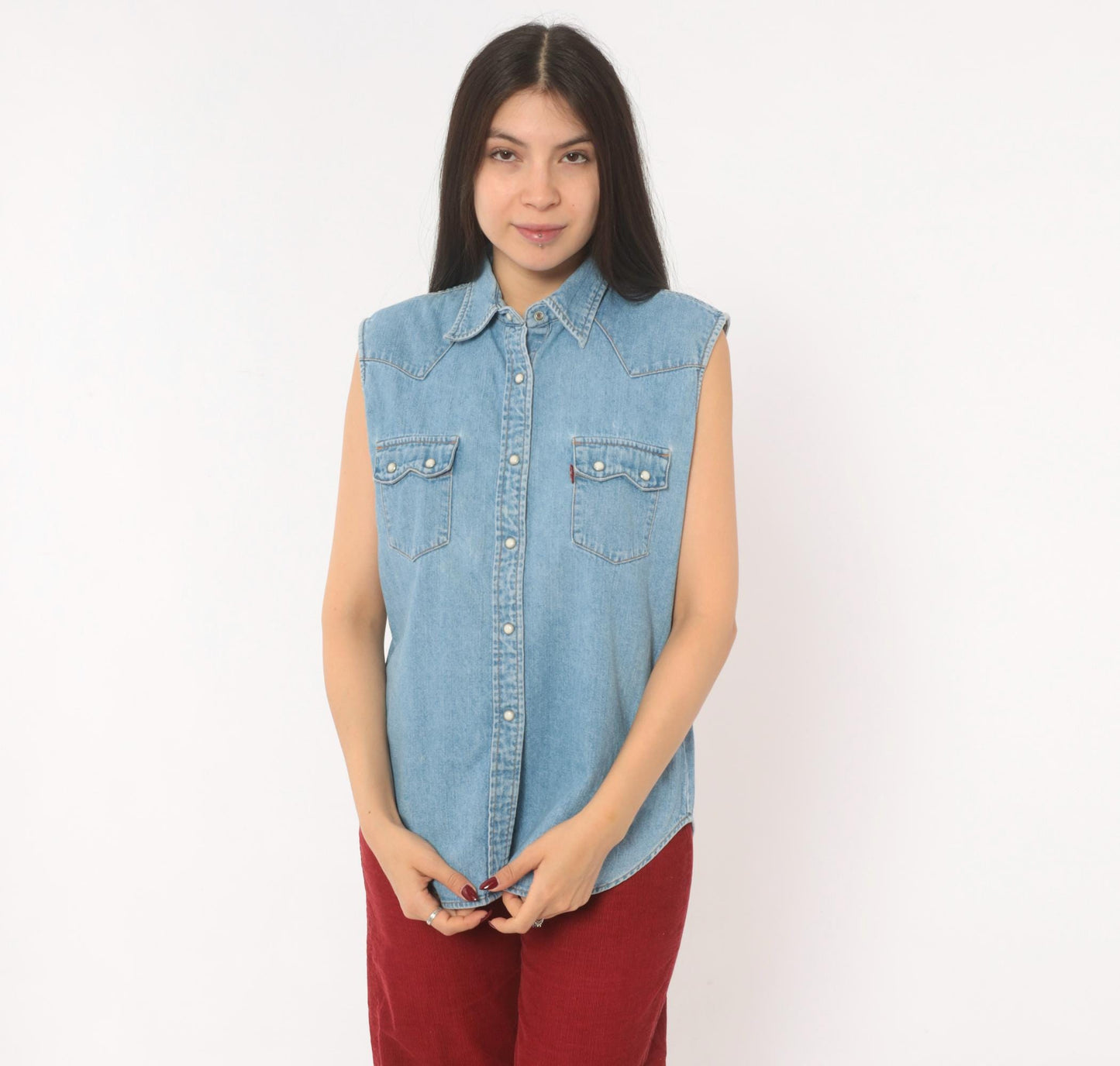2000s Levi's Red Tab Denim Western Vest Light Wash Pearl Snap Medium M
