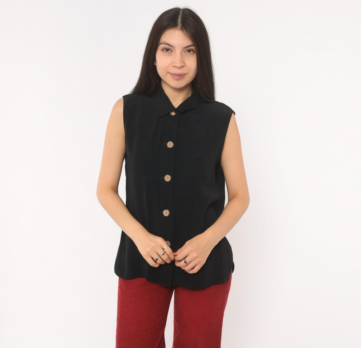 90s First Option Black Sleeveless Button Blouse Pointed Collar Medium M