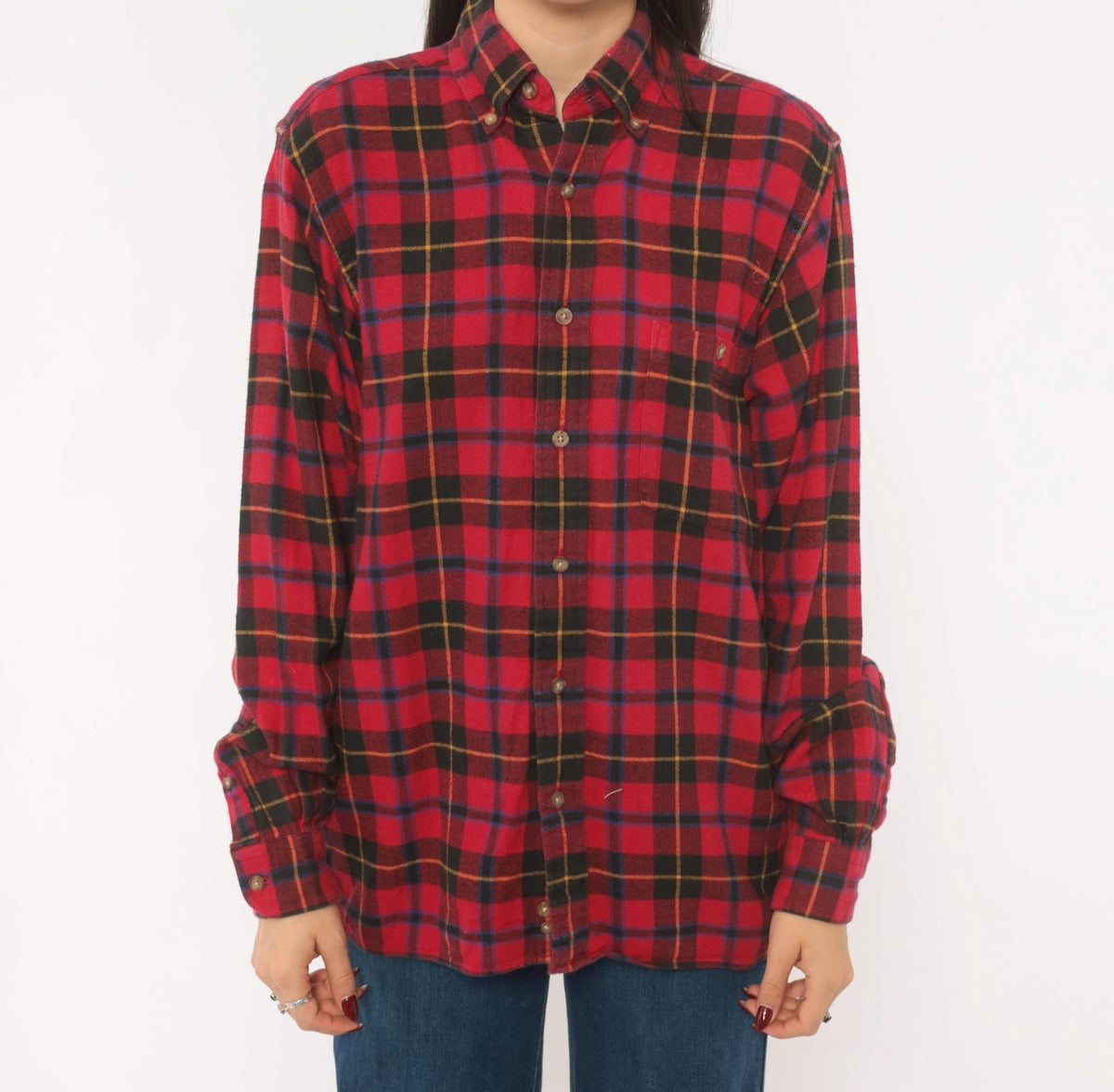 90s High Sierra Plaid Flannel Shirt Red Black Tartan Cotton Small