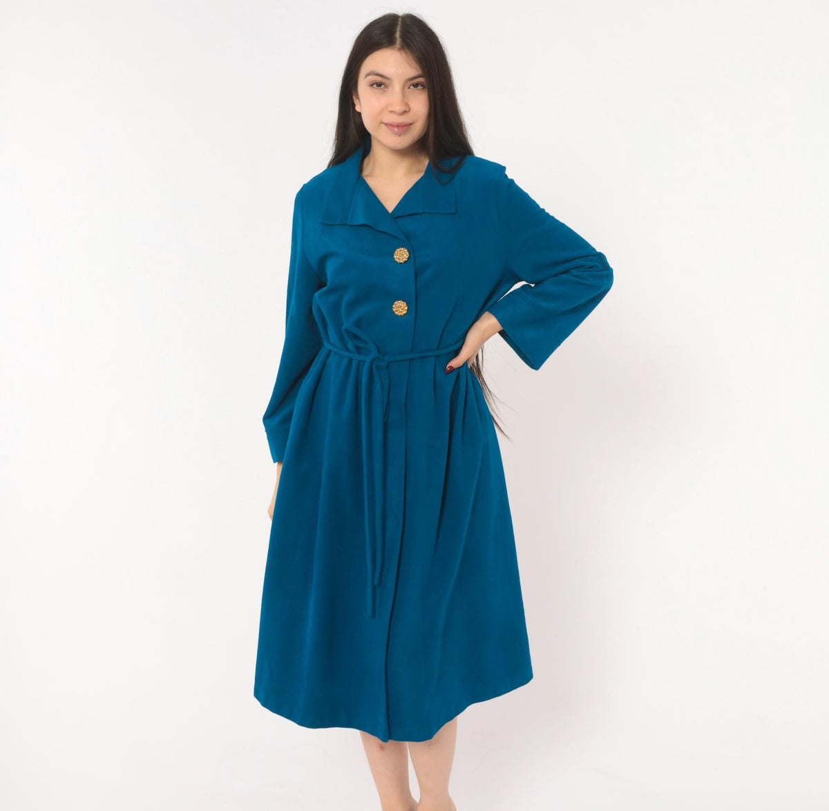 70s Vassarette Cobalt Belted Wrap Coat Knee Length Gold Buttons Medium