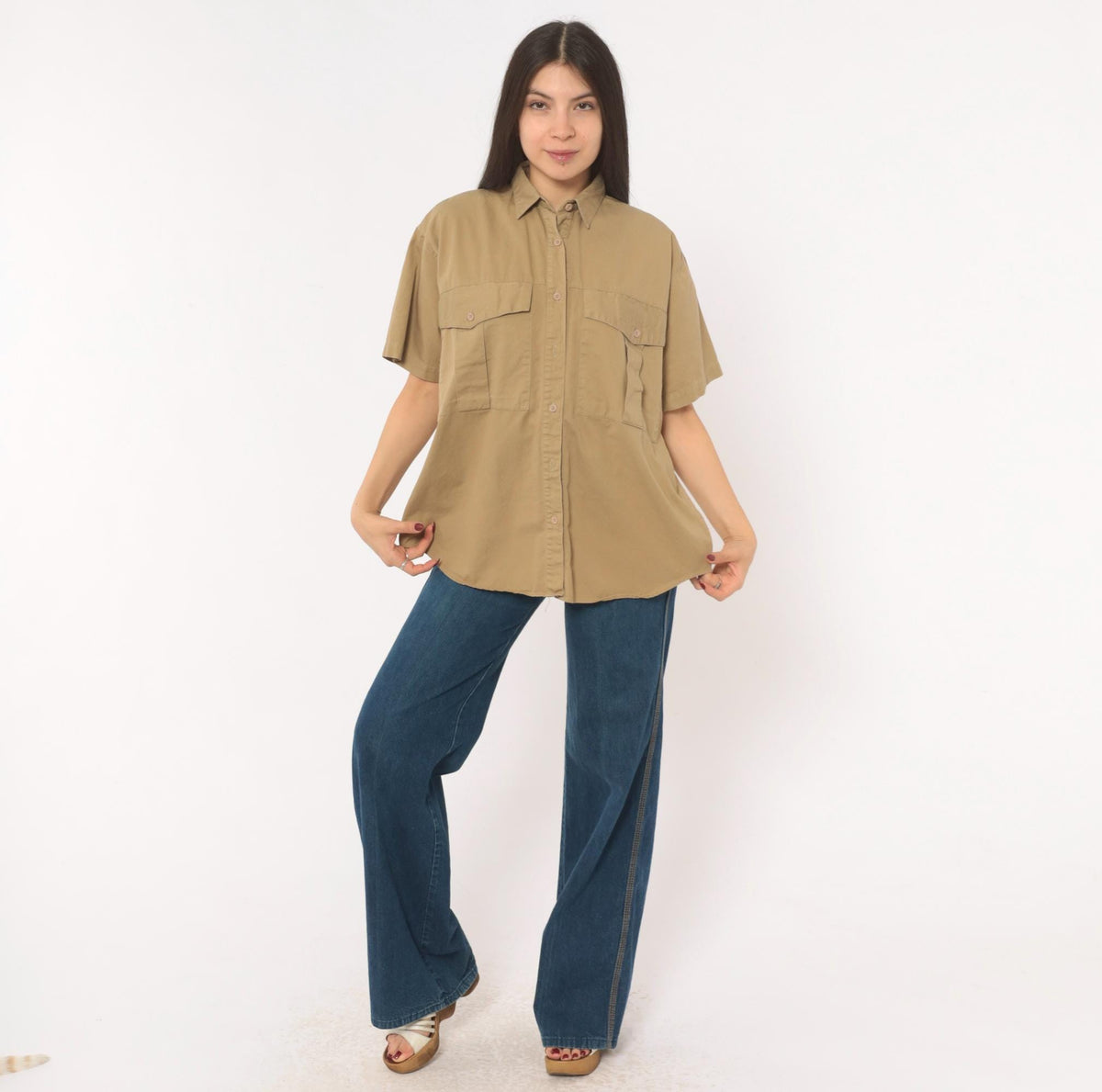 90s Forenza Tan Safari Button Shirt Cotton Khaki Utility Blouse Small S
