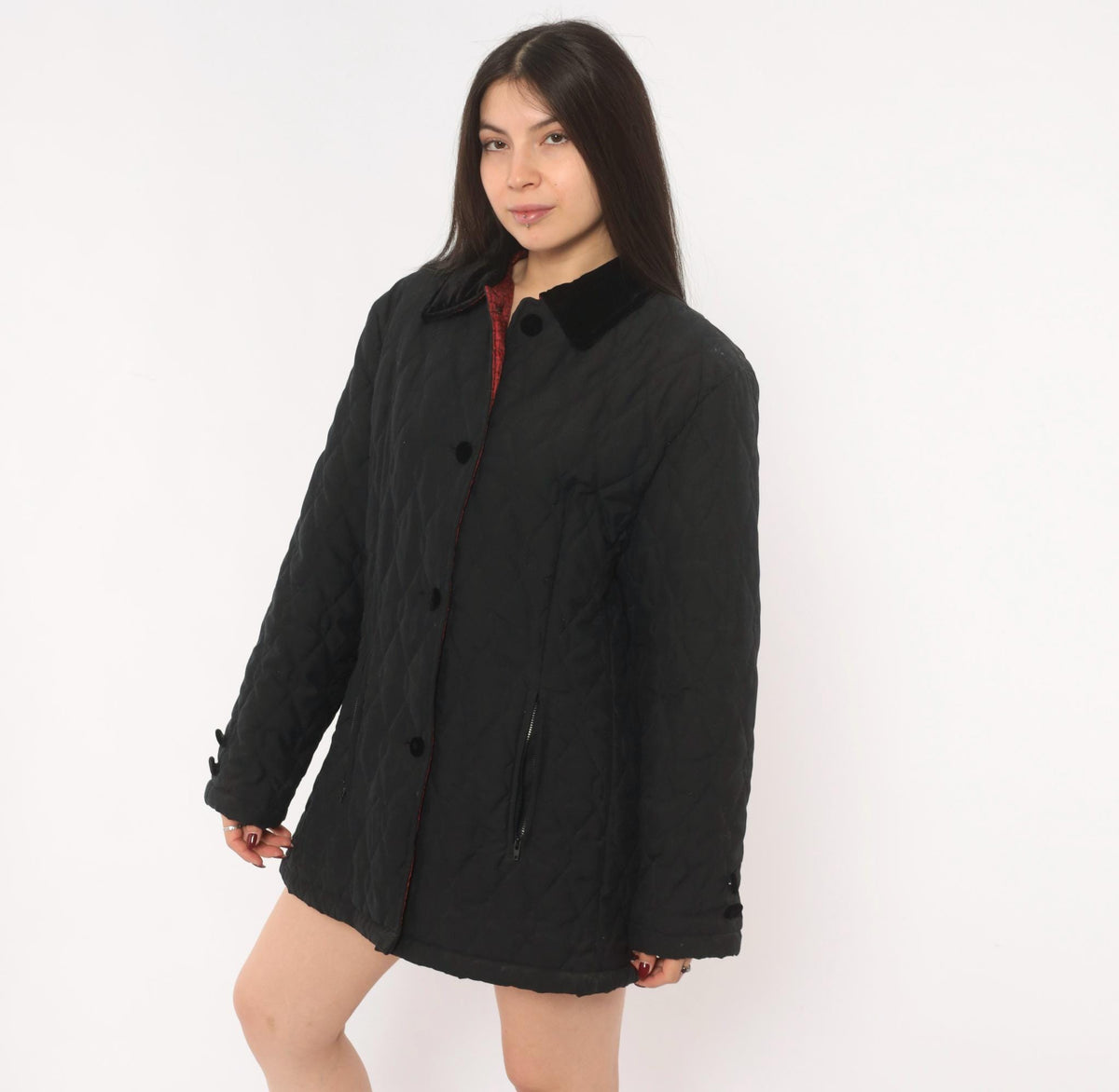 90s Halston Sport Black Quilted Jacket Diamond Stitch Velvet Collar Medium M