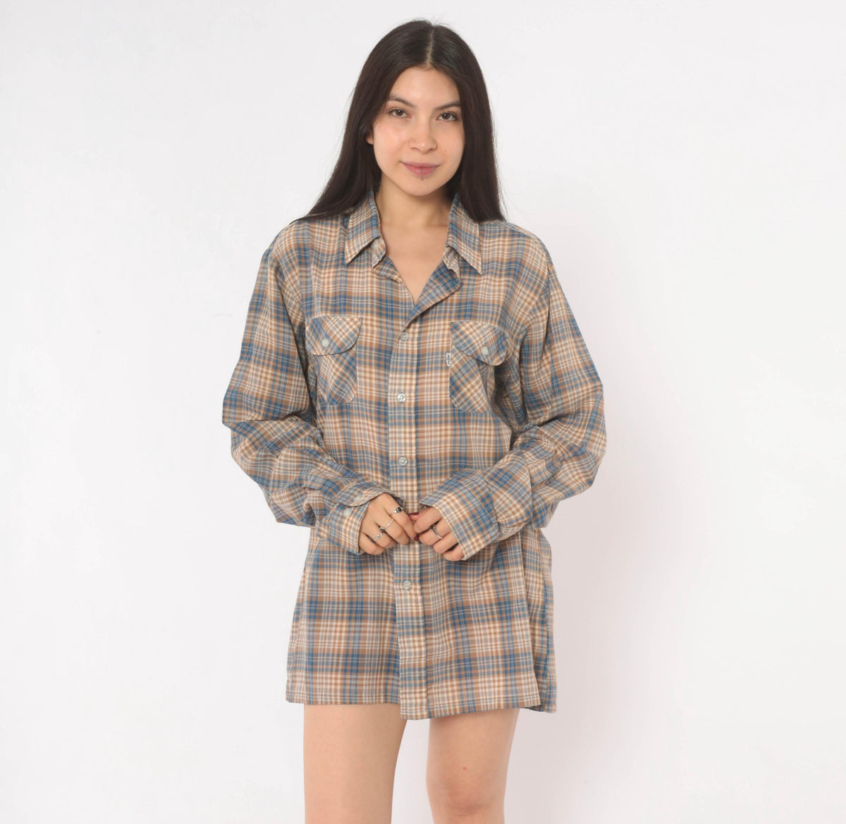 80s Levis Wildfire Plaid Button-Up Shirt Blue Tan Check Mens Medium