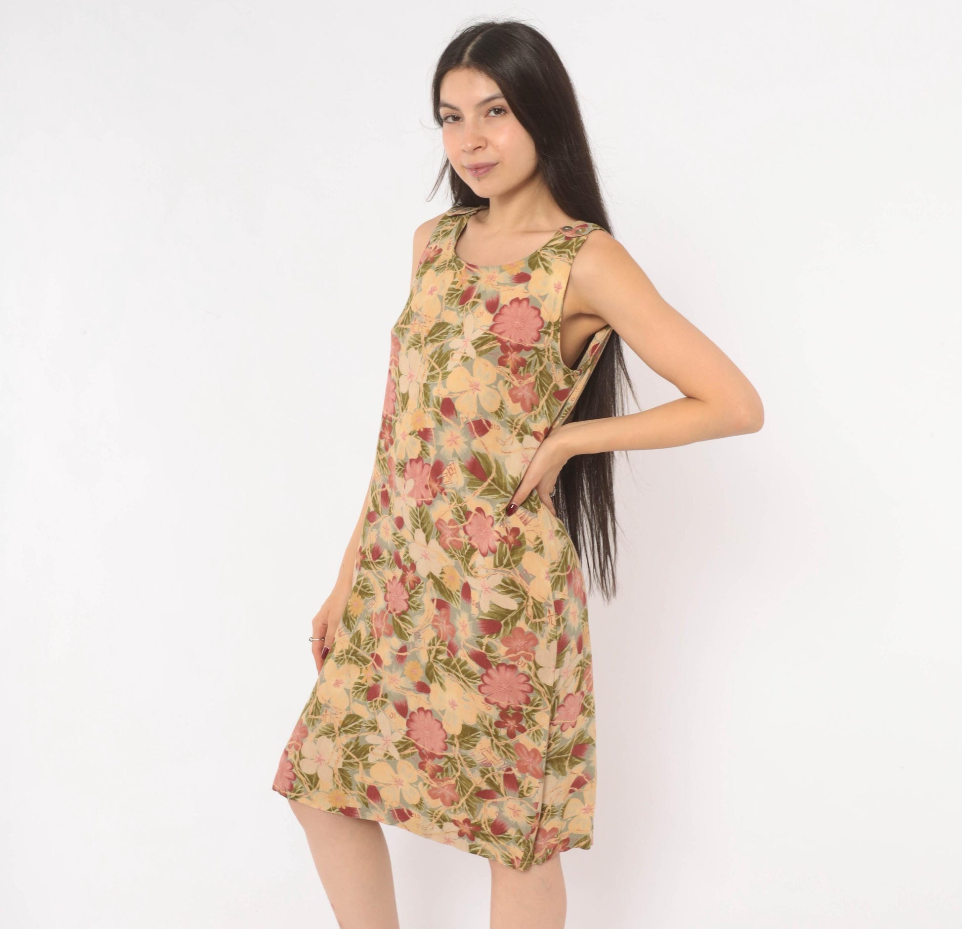90s Dressing Clio Floral Shift Dress Cream Tropical Print Knee Length Small