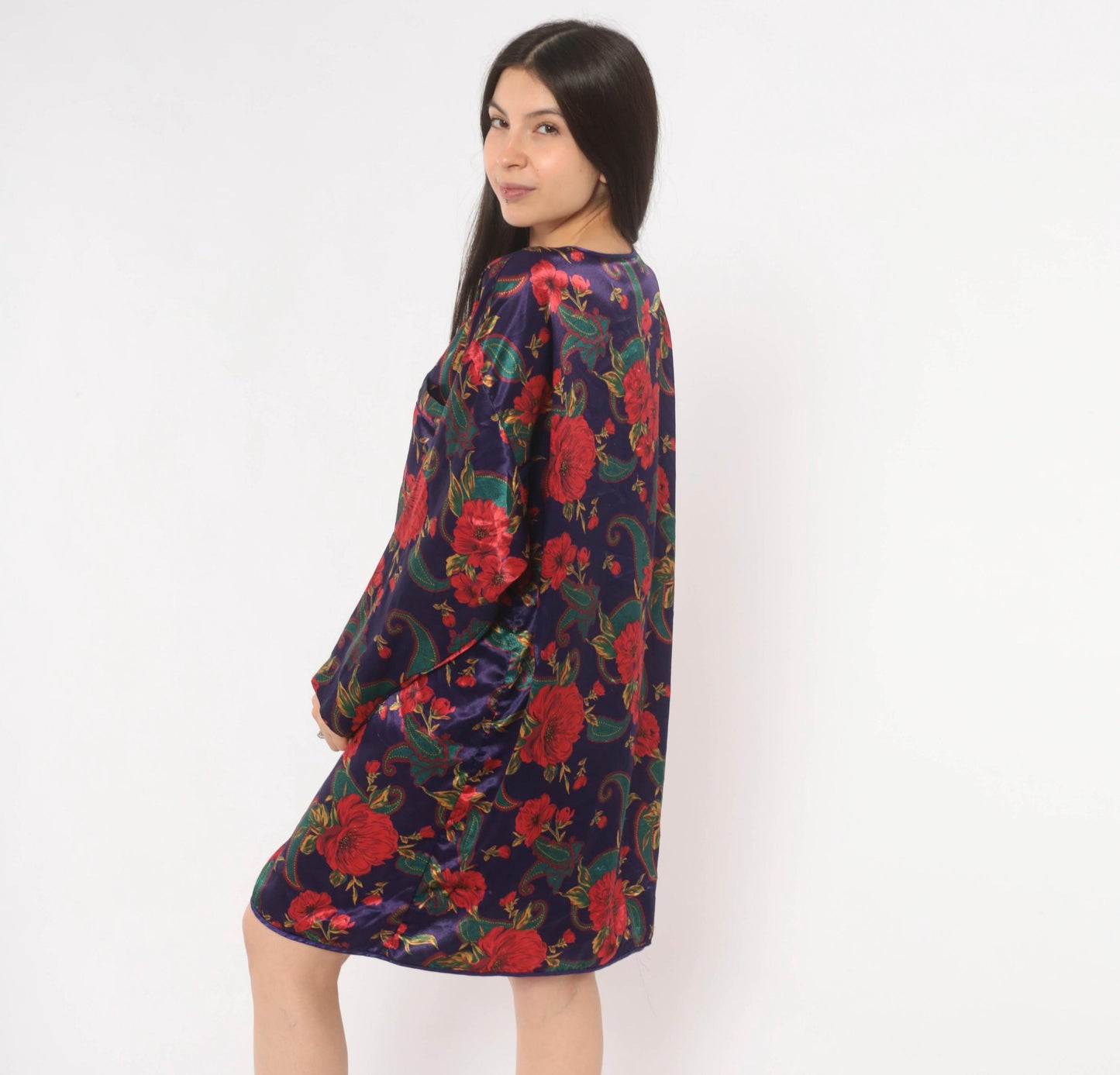 90s Satin and Beaux Floral Paisley Nightshirt Purple Red Teal Knee-Length Small
