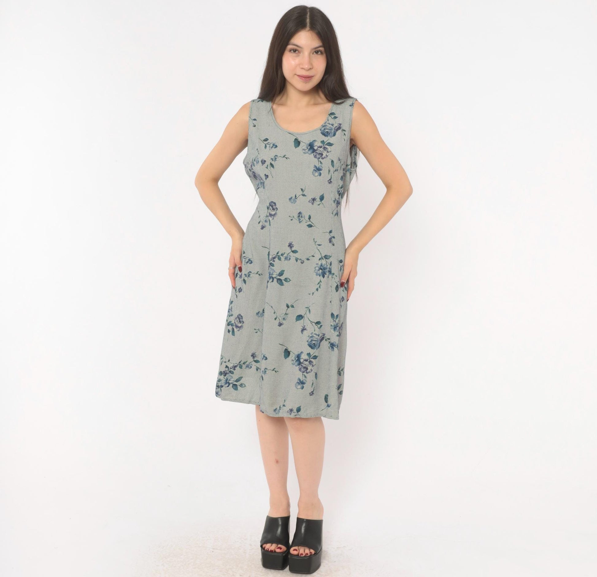 90s Floral Gingham Sundress Blue Rose Print Knee Length A-Line Medium M