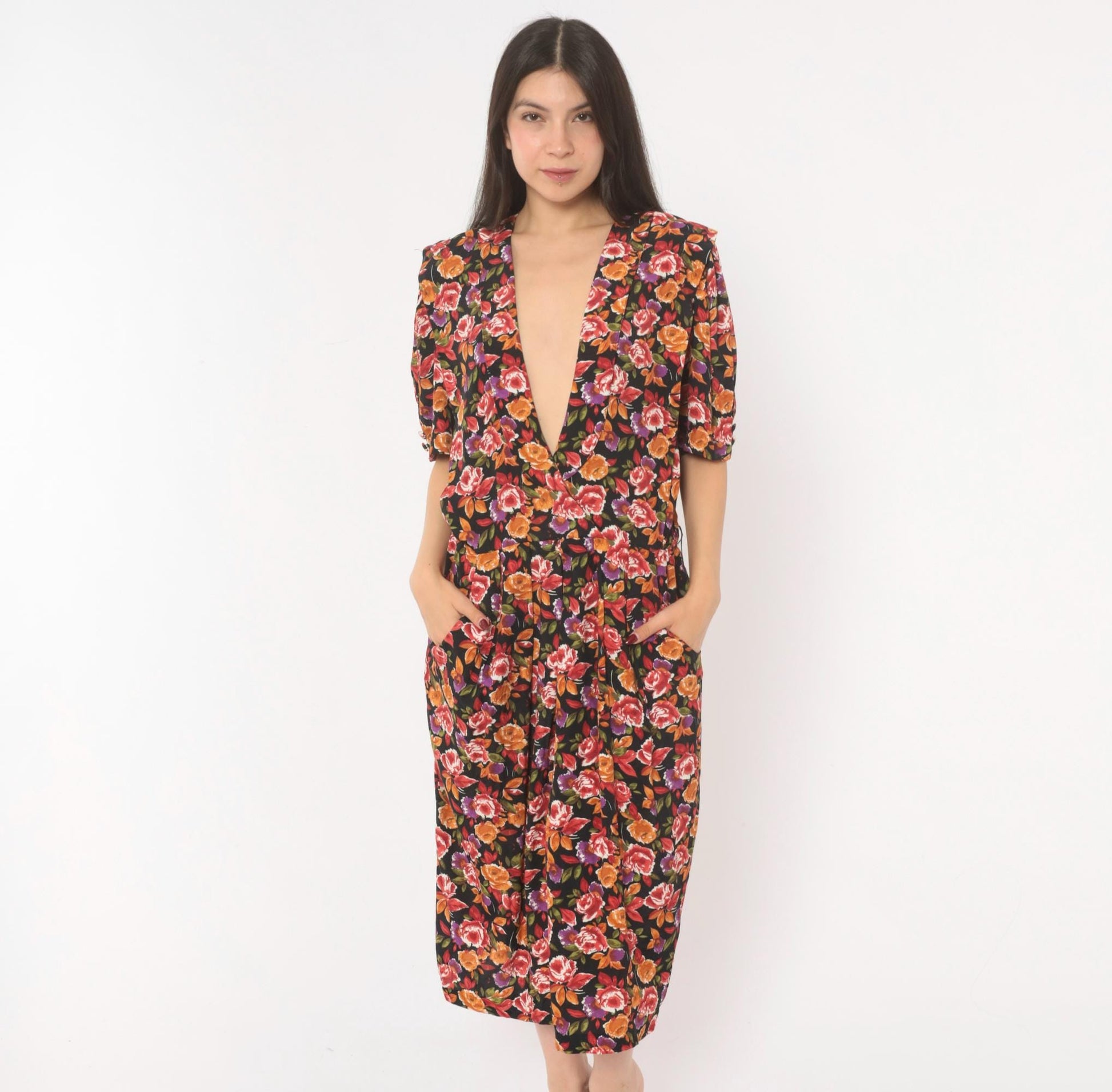 90s R.J. Stevens Floral Wrap Dress Deep V Midi Black Rose Print Large