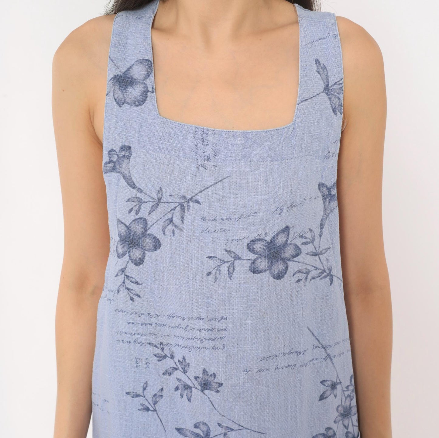 2000s Sweet Jessie Periwinkle Linen Maxi Dress Botanical Print Square Neck Medium M