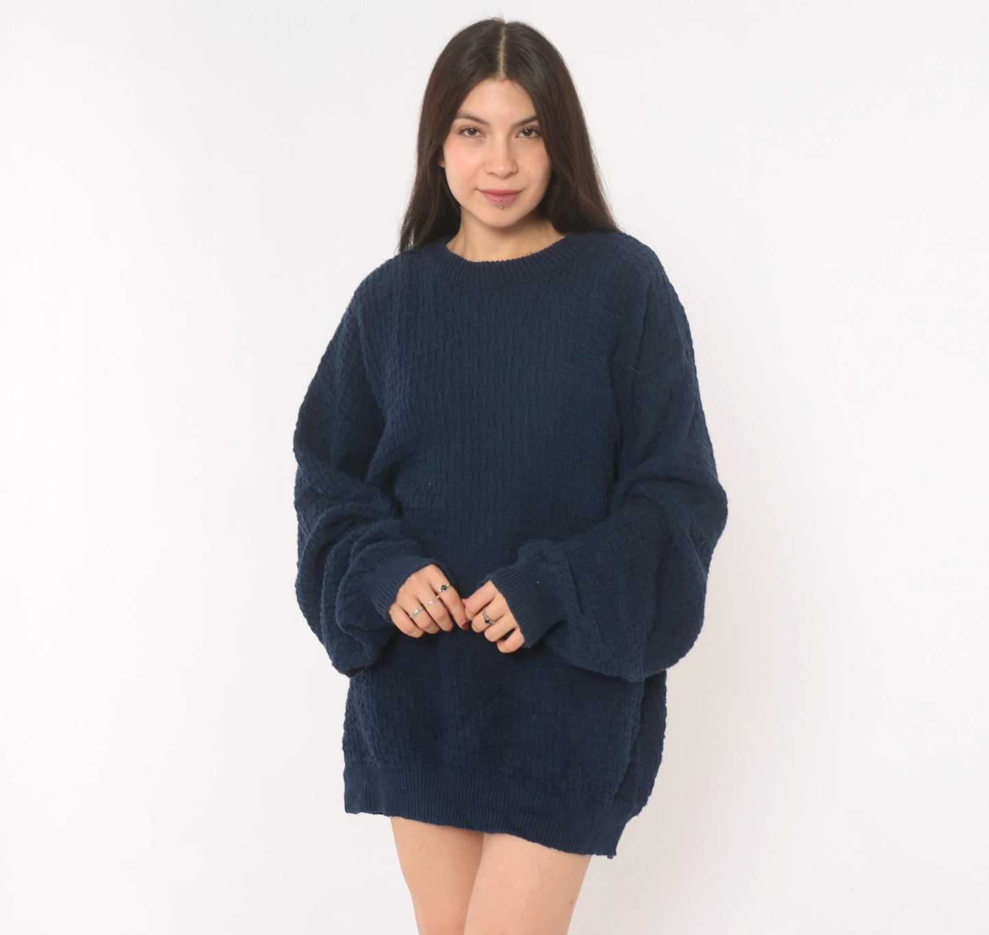 90s Van Heusen Navy Cable Knit Sweater Cotton Crewneck Pullover Large L