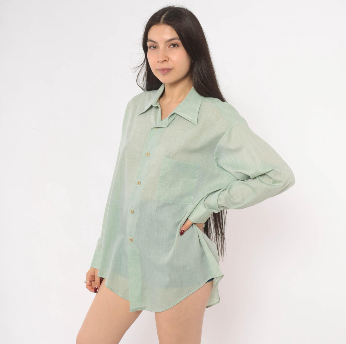 70s Sage Green Button-Up Shirt Camp Collar Semi-Sheer Cotton Long Sleeve XXL