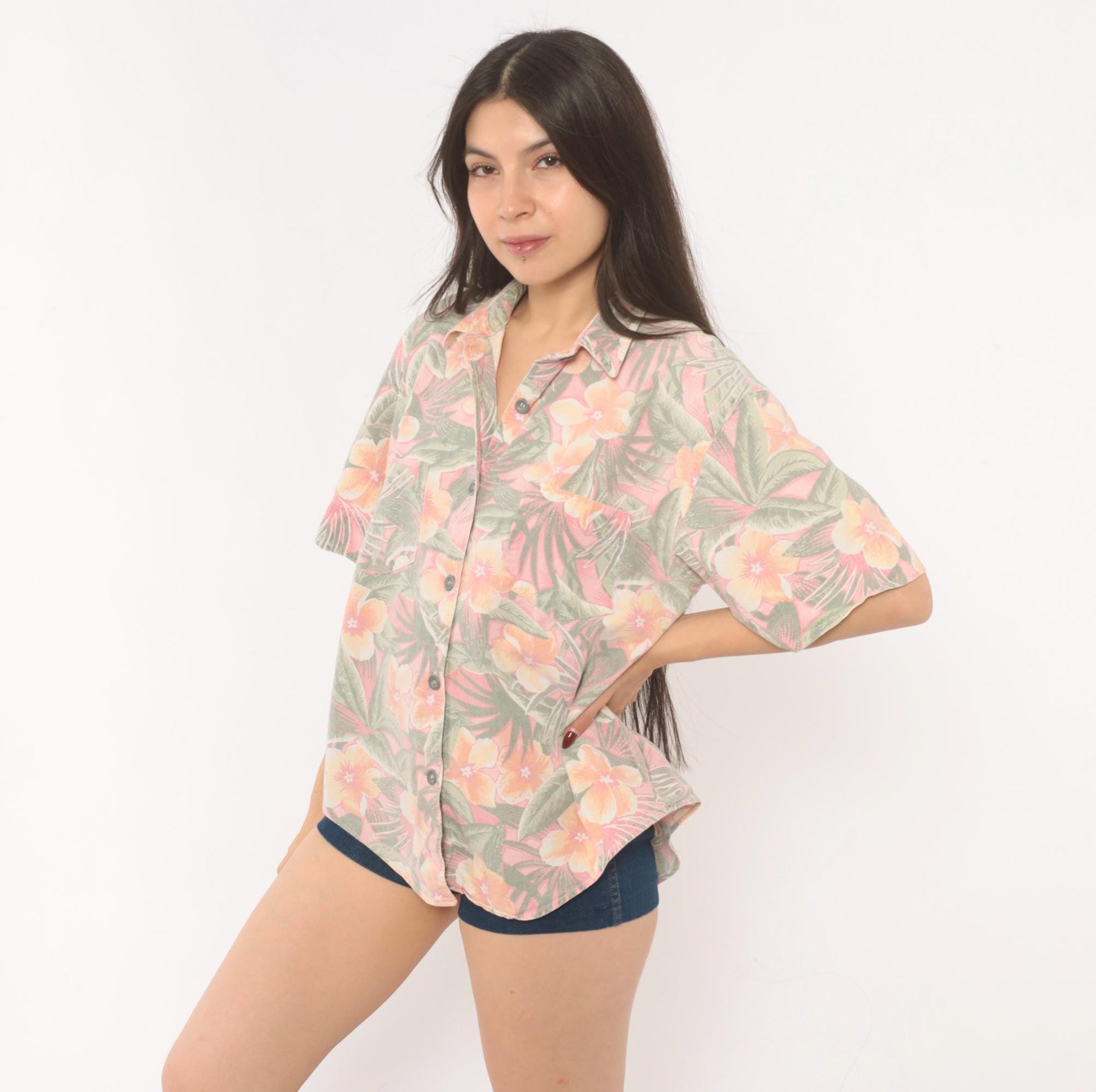 90s Essentials Sport Hawaiian Shirt Pink Coral Floral Camp Collar Cotton Large L
