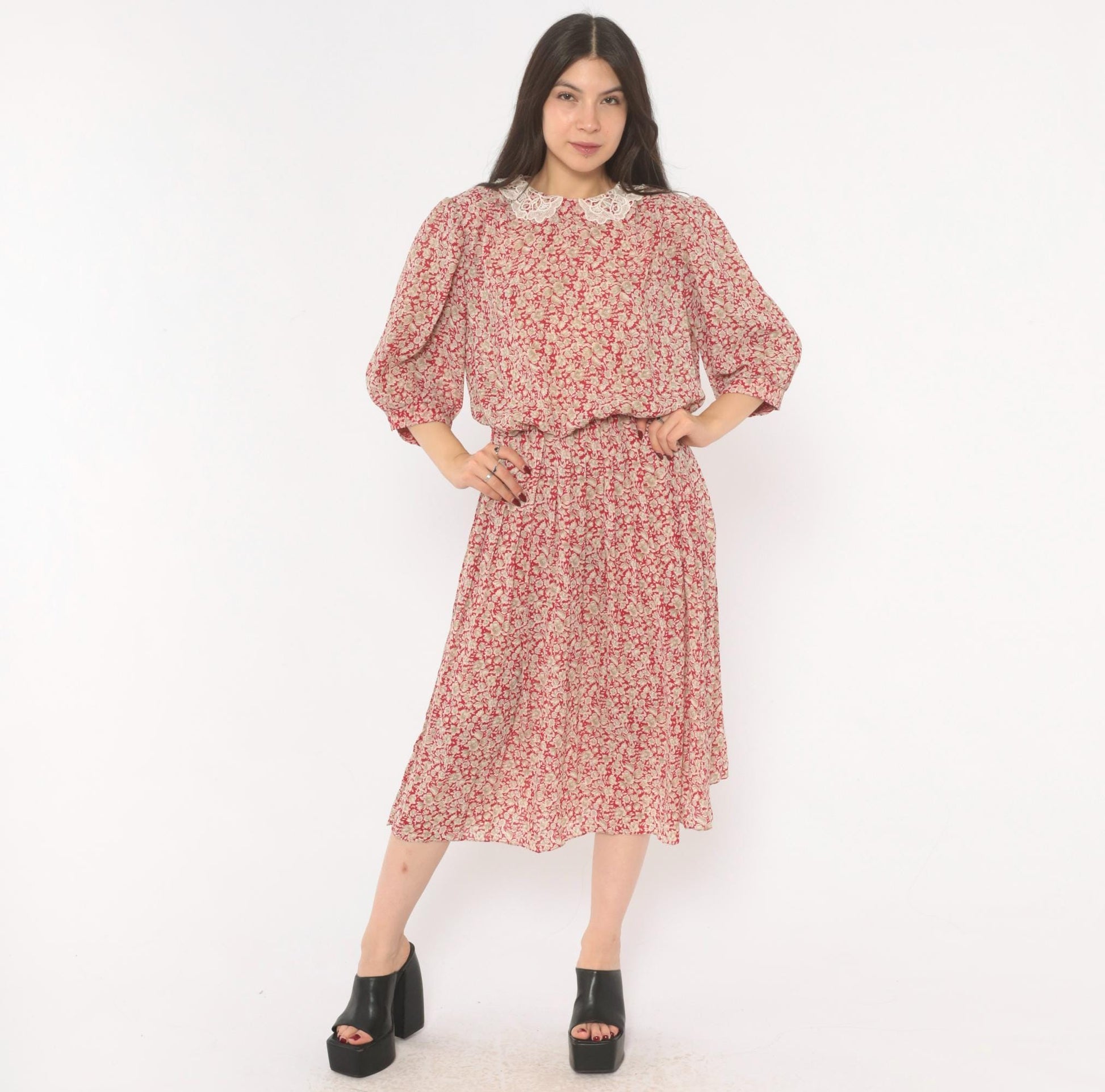 90s Breli Originals Floral Midi Dress Red Cream Lace Collar Puff Sleeve Medium Large