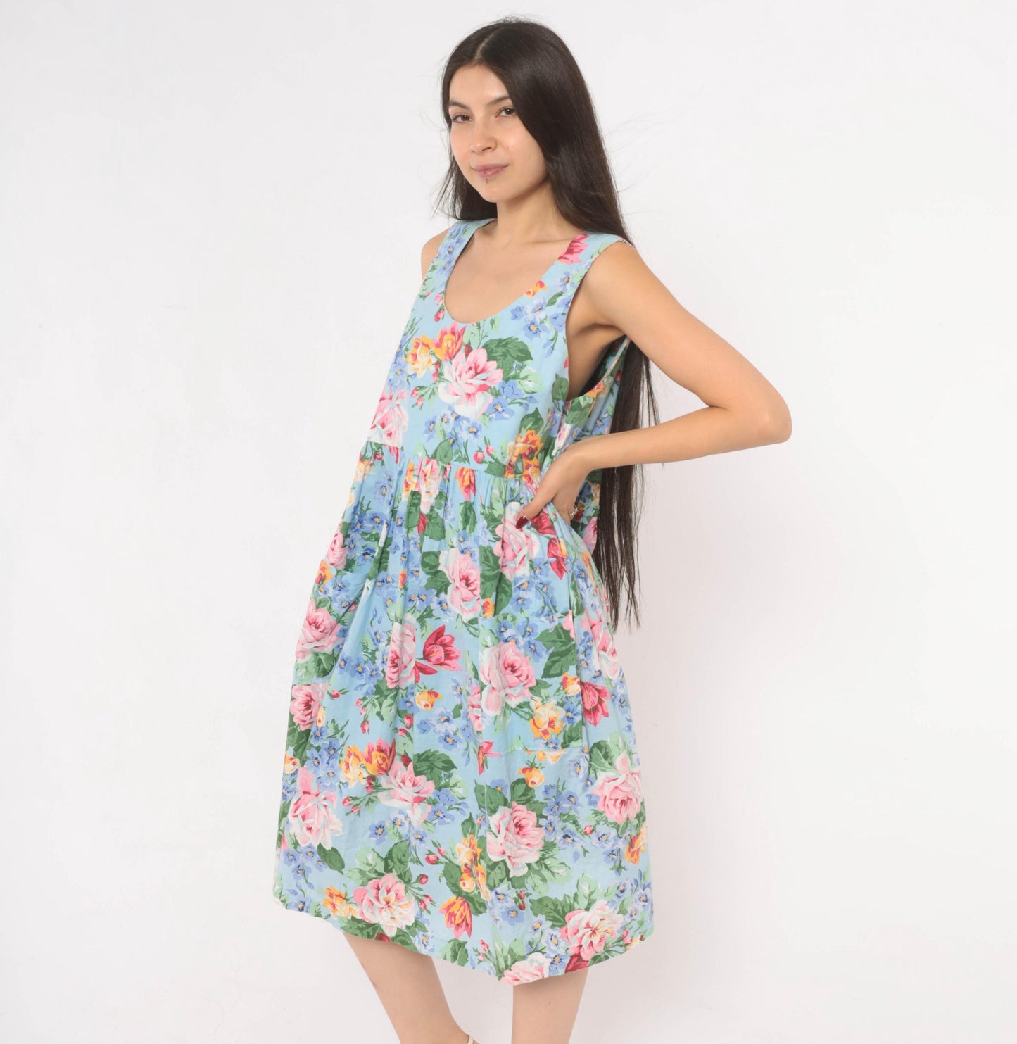 80s Sky Blue Floral Sundress Rose Print Scoop Neck Gathered Waist Medium