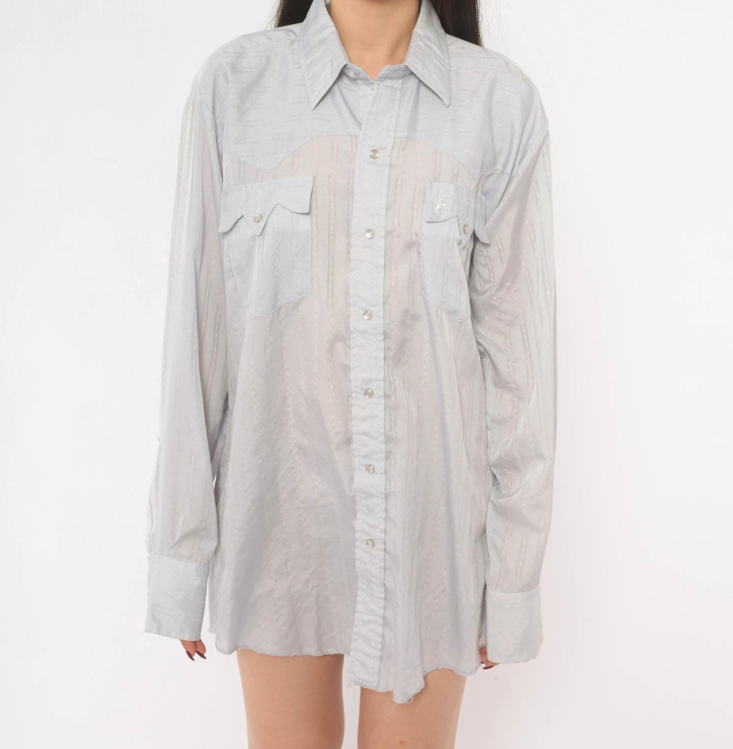 70s Prior Western Shirt Pearl Snap Pointed Collar Jacquard Stripe Blue Large L