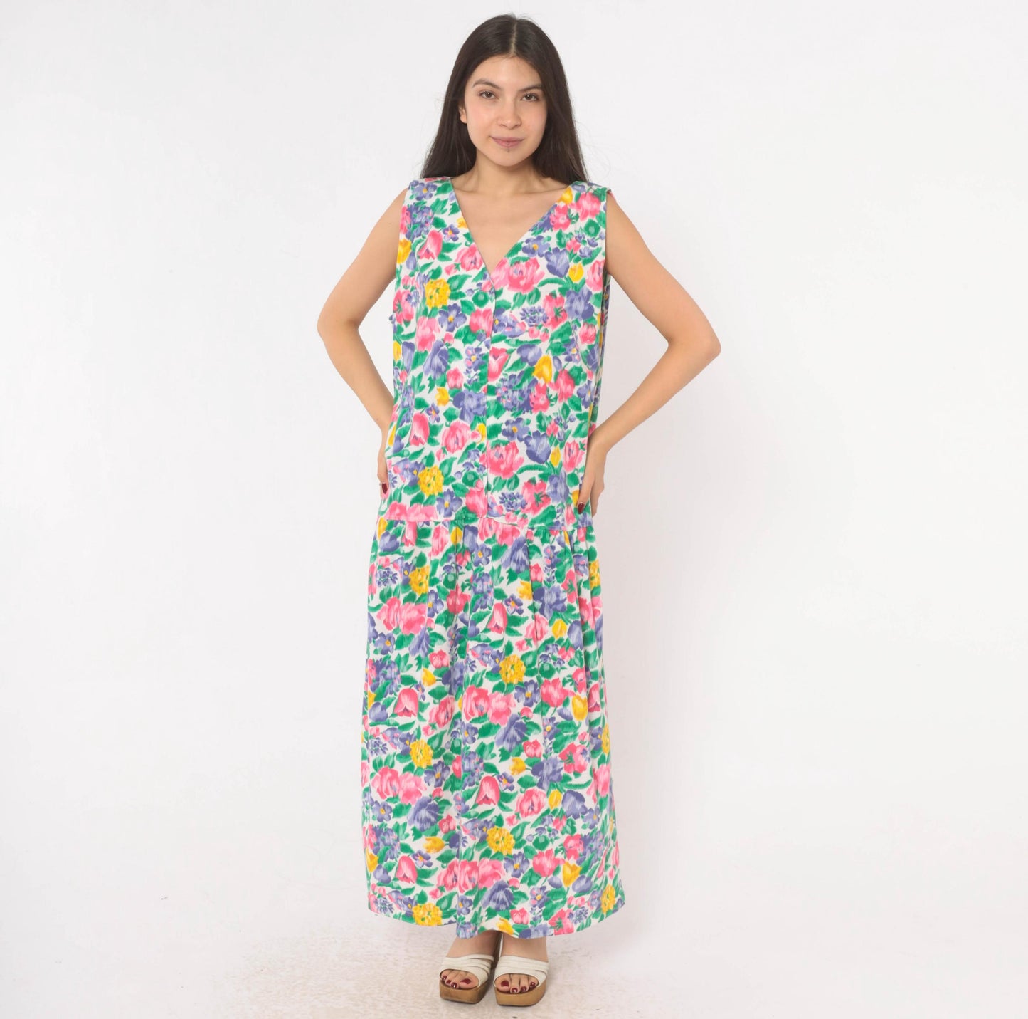 90s Fads Floral Maxi Dress Button Front V-Neck Sleeveless Pink Purple Extra Large XL