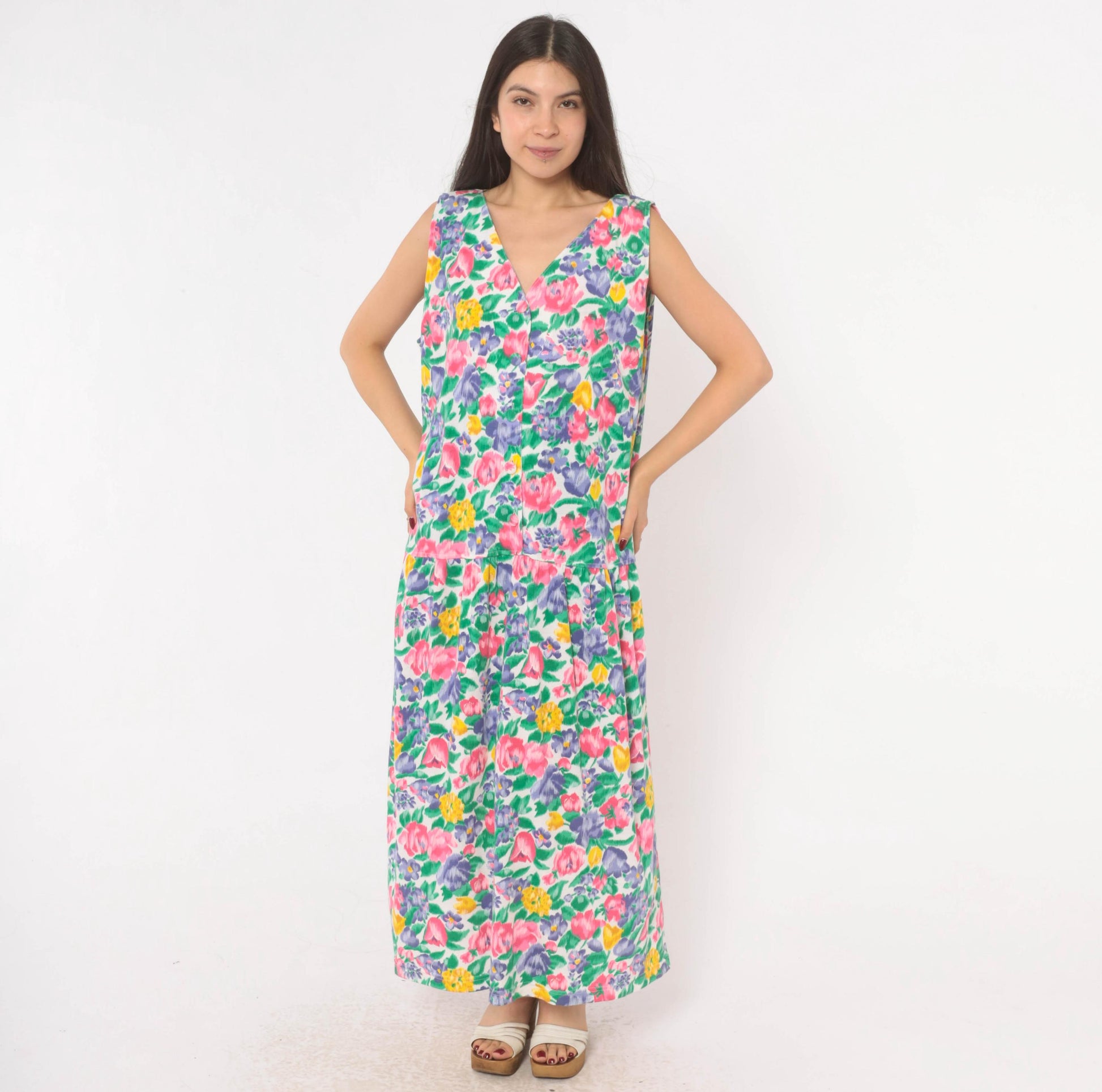 90s Fads Floral Maxi Dress Button Front V-Neck Sleeveless Pink Purple Extra Large XL