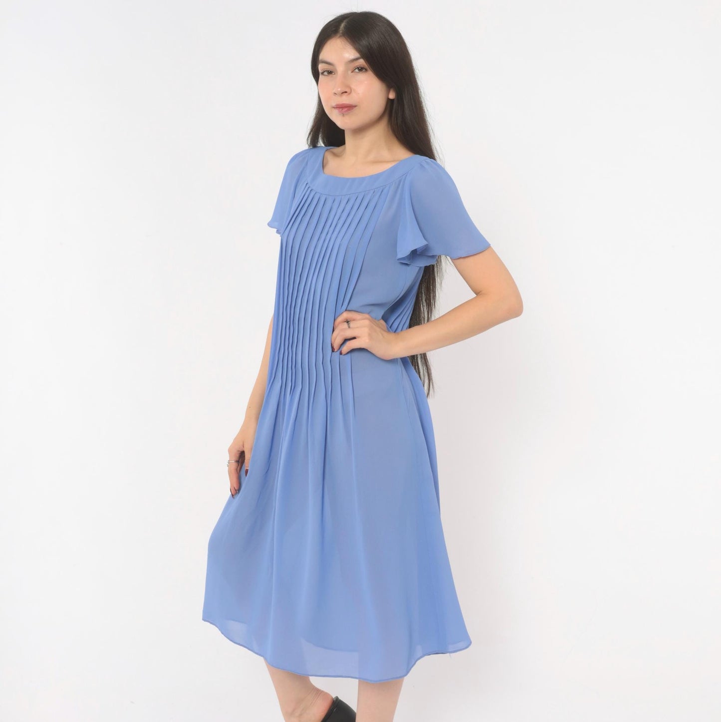 80s David Morris Periwinkle Pintuck Midi Dress Flutter Sleeve Small